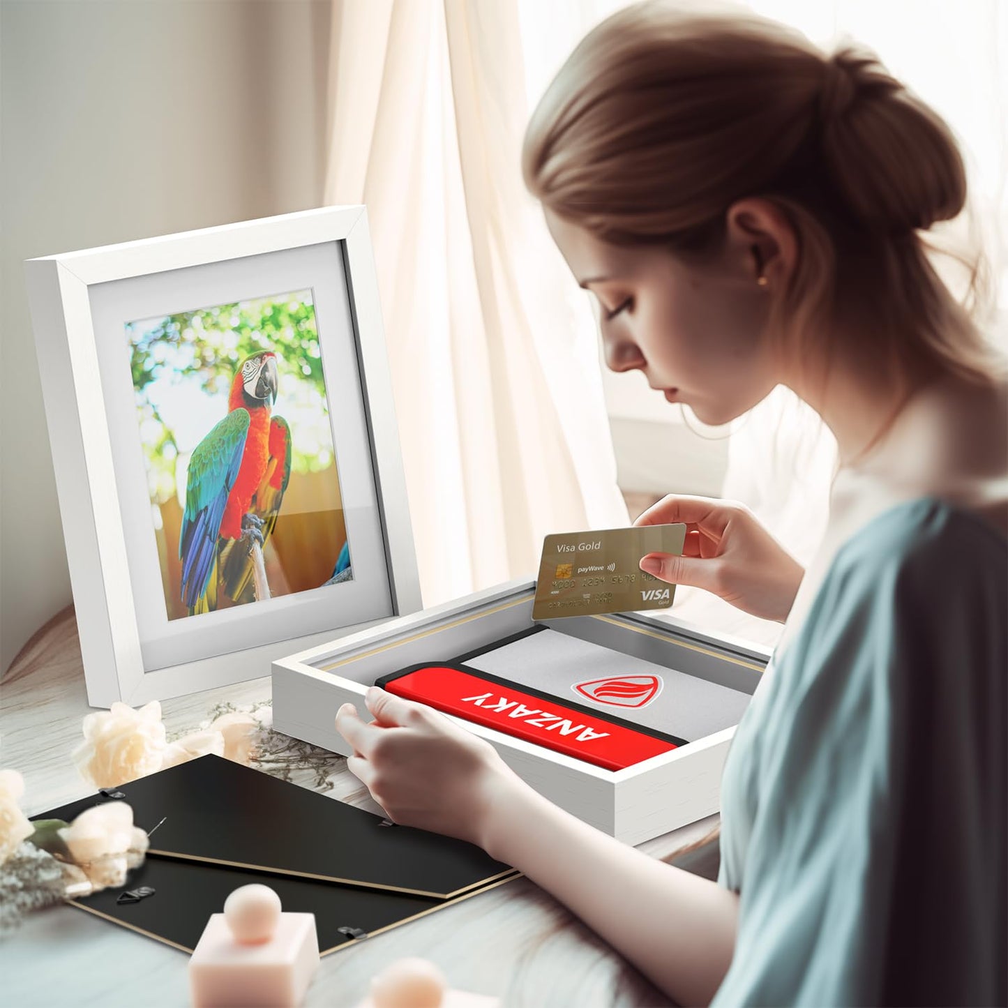 ANZAKY Photo Picture Frame Diversion Safe with Fireproof & Waterproof Money Bag, Valuable Storage, Home Security, Mini Box with Hidden Compartment to Shield your Money, Cash, White 5"x7"