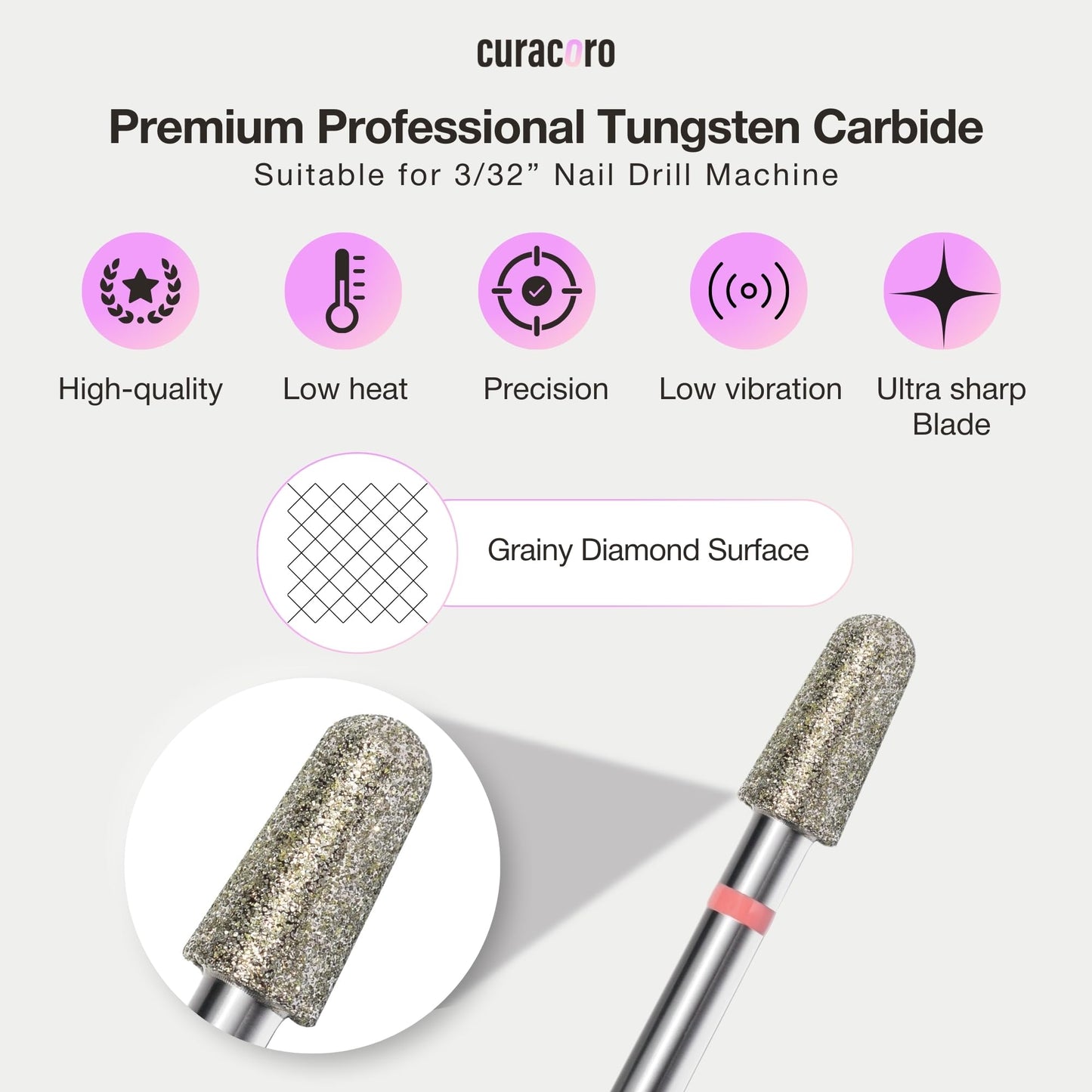 Curacoro Cuticle Nail Drill Bit 3/32'' - 4.0mm Conical Round Shape Diamond Bit (Medium) for Professional Finish, Refine & Smooth Acrylic or Gel Nails, Nail Art Pedicure Manicure Salon & Home