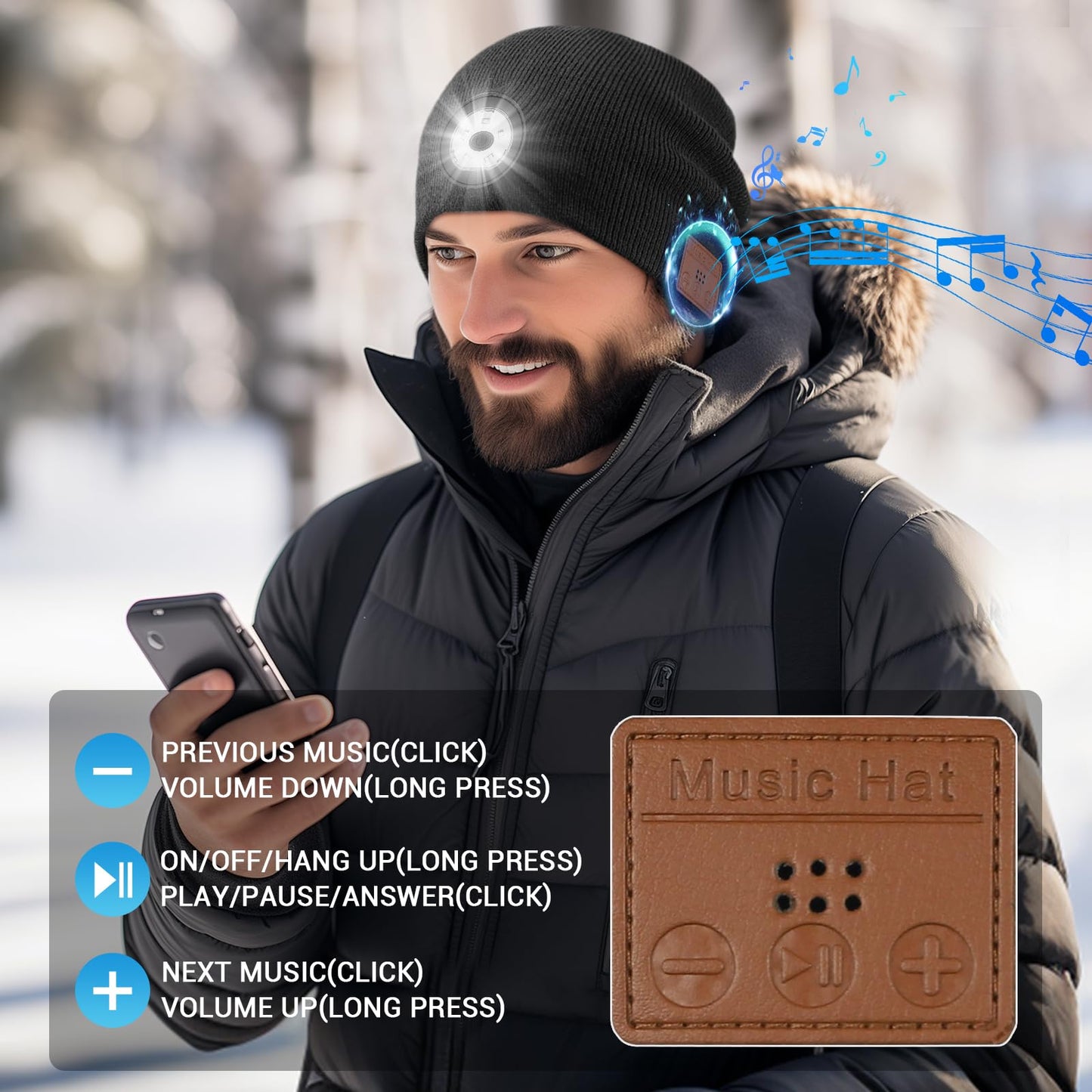 Mood Pie Bluetooth Beanie with Light,USB Rechargeable LED Headlamp Hat Beanie,Musical Knit Hat with Headphones and Built-in Speaker Mic,Gifts for Men Women Teen Black