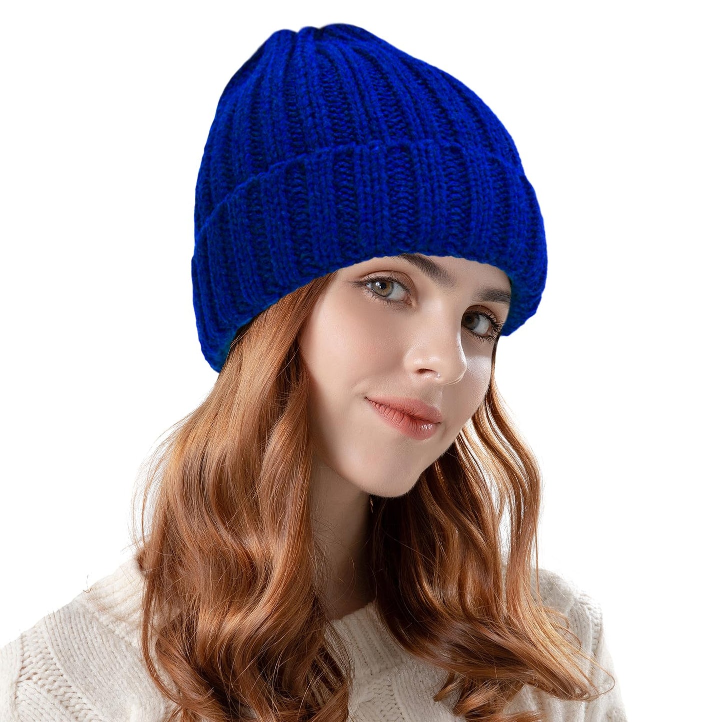 ZOORON 1&2 Winter Beanie for Women Soft Warm Slouchy Knit Hat Ski Stocking Cuffed Cap Black/Royal Blue