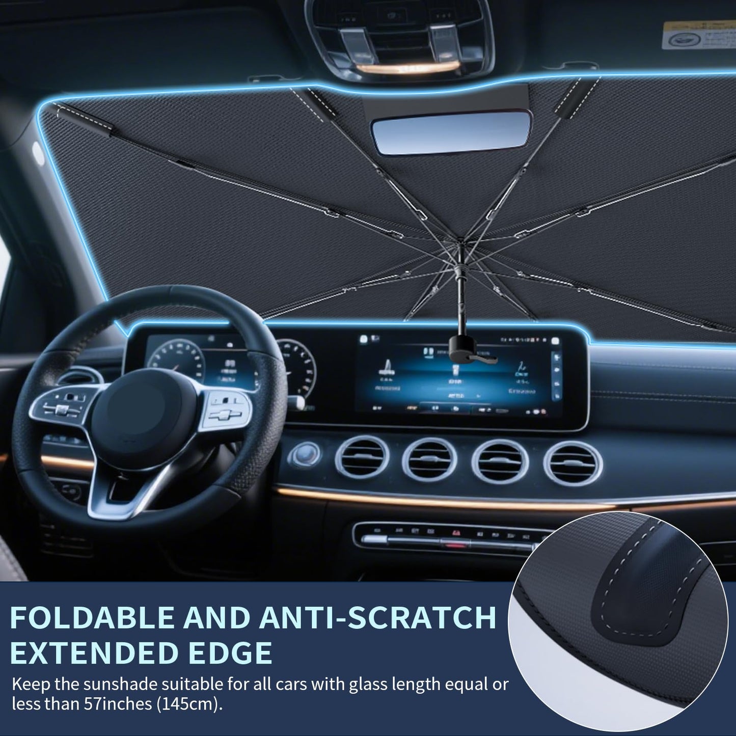 Tecoom Umbrella Sun Shade for Car Windshield 57"x32", Upgrade Double Heat Shield Coating, Front Vehicle Window Visor Sunshade Cover Universal for Sedan SUV, Automotive Interior Sun Protection UV Block