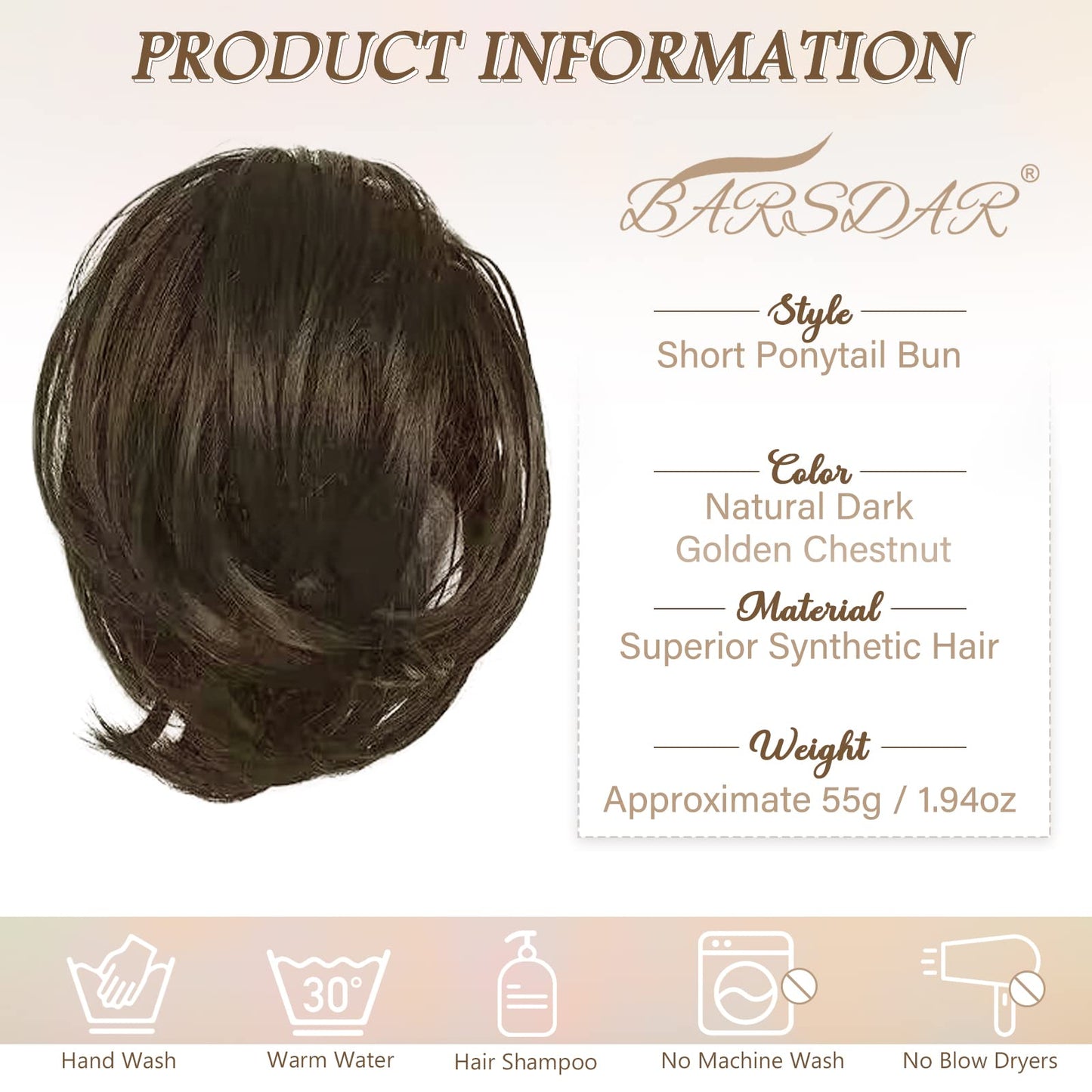 BARSDAR Brown Hair Bun Extensions -Short Straight Ponytail Hair Bun Extensions for Women, Synthetic Messy Hair Bun Extensions Elastic Hair Bun Scrunchies Hairpieces Daily - Dark Brown