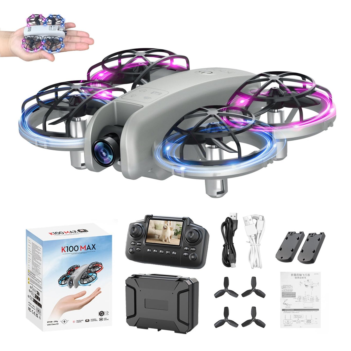 K100Max Mini Drones With Camera For Kids And Begginers, Indoor Small Helicopter Plane Quadcopter With Screen Remote Controller, Gift Toy for Boys and Girls, Headless Mode, 2 Batteries(Gray)