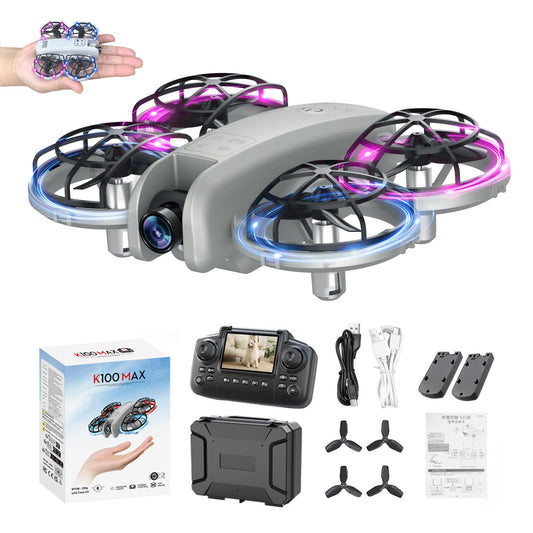 K100Max Mini Drones With Camera For Kids And Begginers, Indoor Small Helicopter Plane Quadcopter With Screen Remote Controller, Gift Toy for Boys and Girls, Headless Mode, 2 Batteries(Gray)