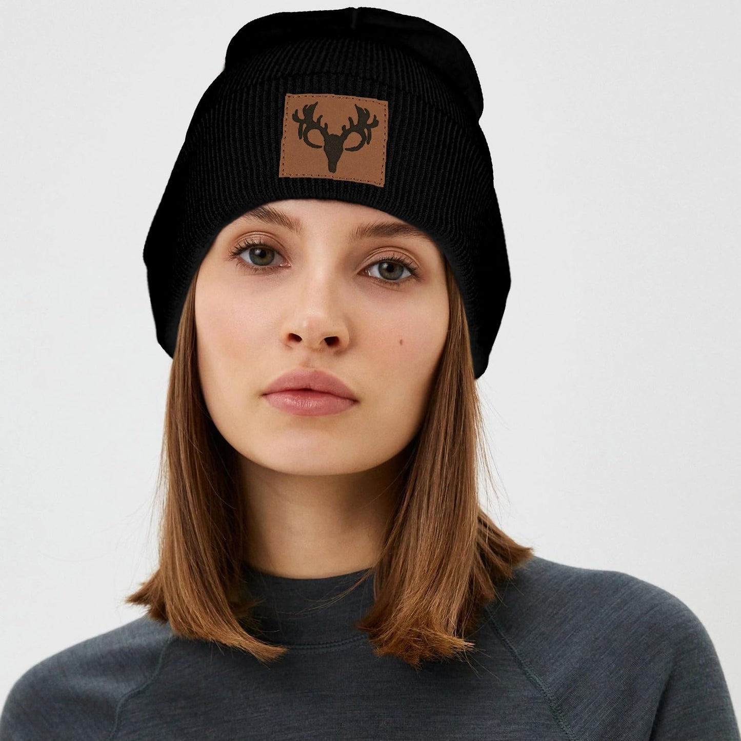 gswirmchsq Deer Hunting Beanie Hat Black, Cute Funny Leather Patch Winter Knit Skull Cap Hunting Gifts for Adult Men Women