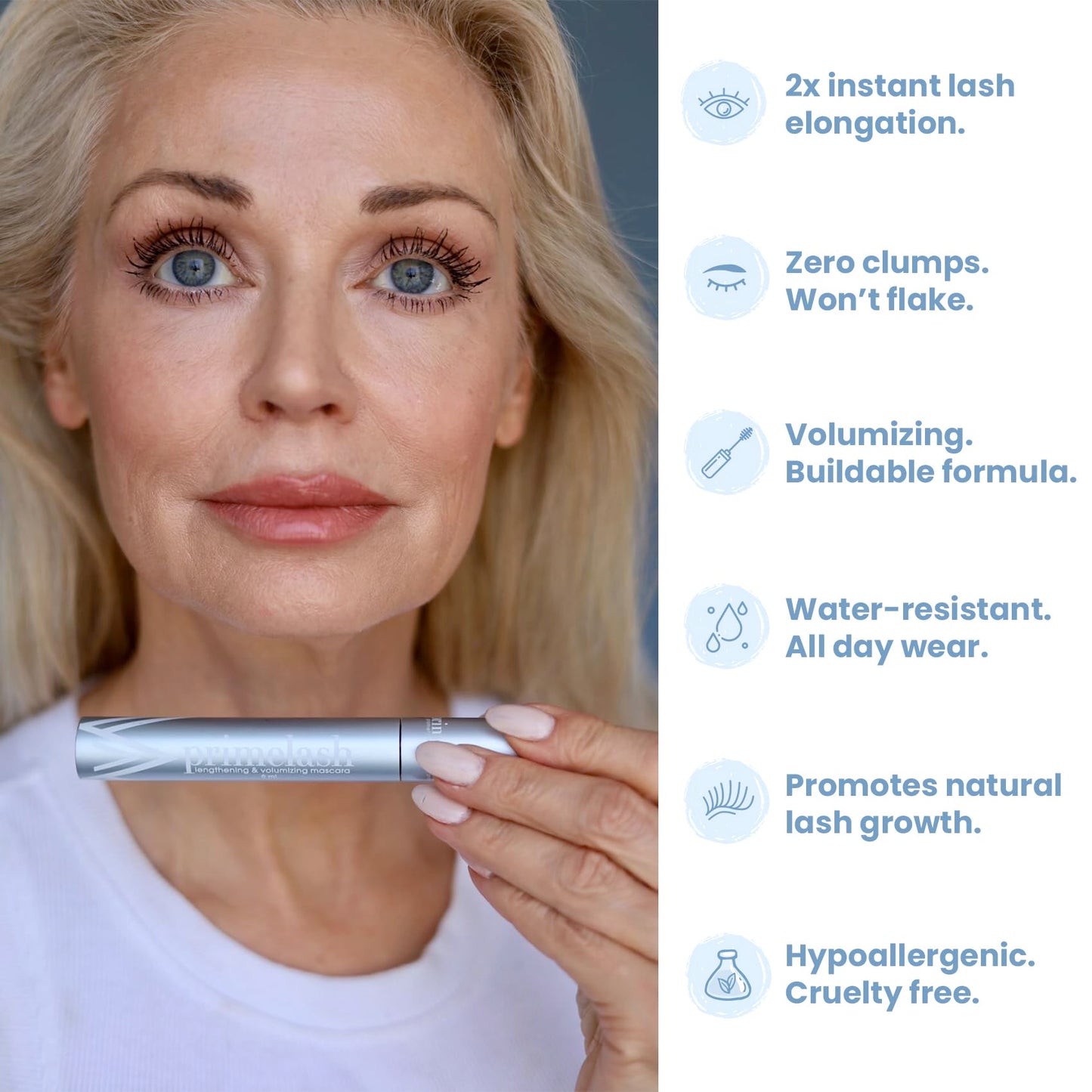 Prime Prometics PrimeLash Mascara for Older Women – Volumizing, Incredible Length in 2 Coats – Long-Stay, Zero Clumps, Hypoallergenic (Blue)