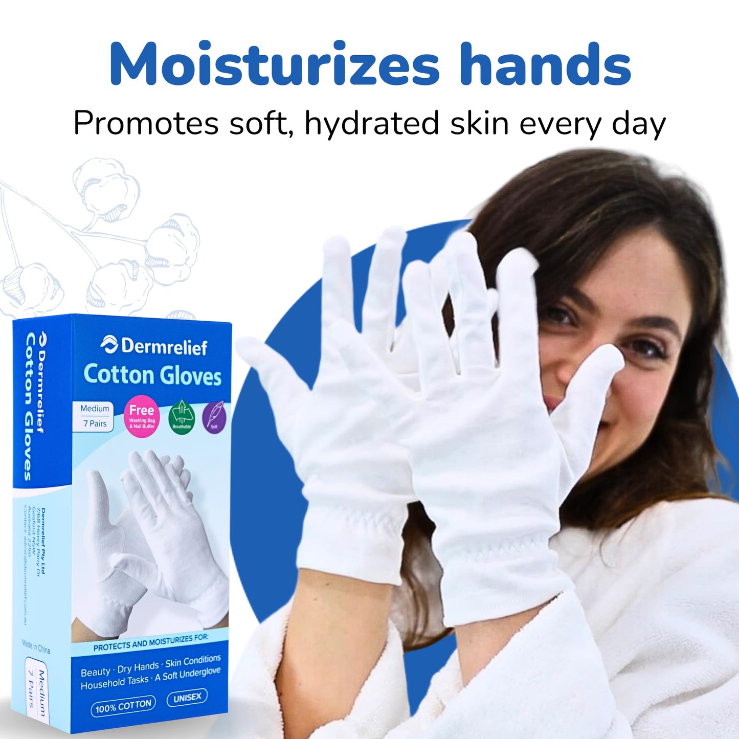 Dermrelief Cotton Gloves - for Beauty, Dry Hands, Eczema, Dermatitis and Psoriasis (7 Pairs) with Free Gifts (Professional Nail Buffer & Washing Bag) (Large)