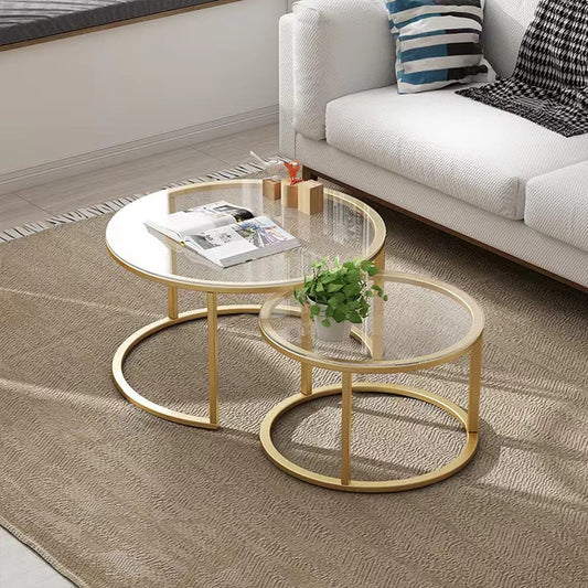 HEONITURE Gold Nesting Coffee Table Set of 2, Small Glass Nesting Tables for Living Room Bedroom, Accent Tea Table with Metal Frame