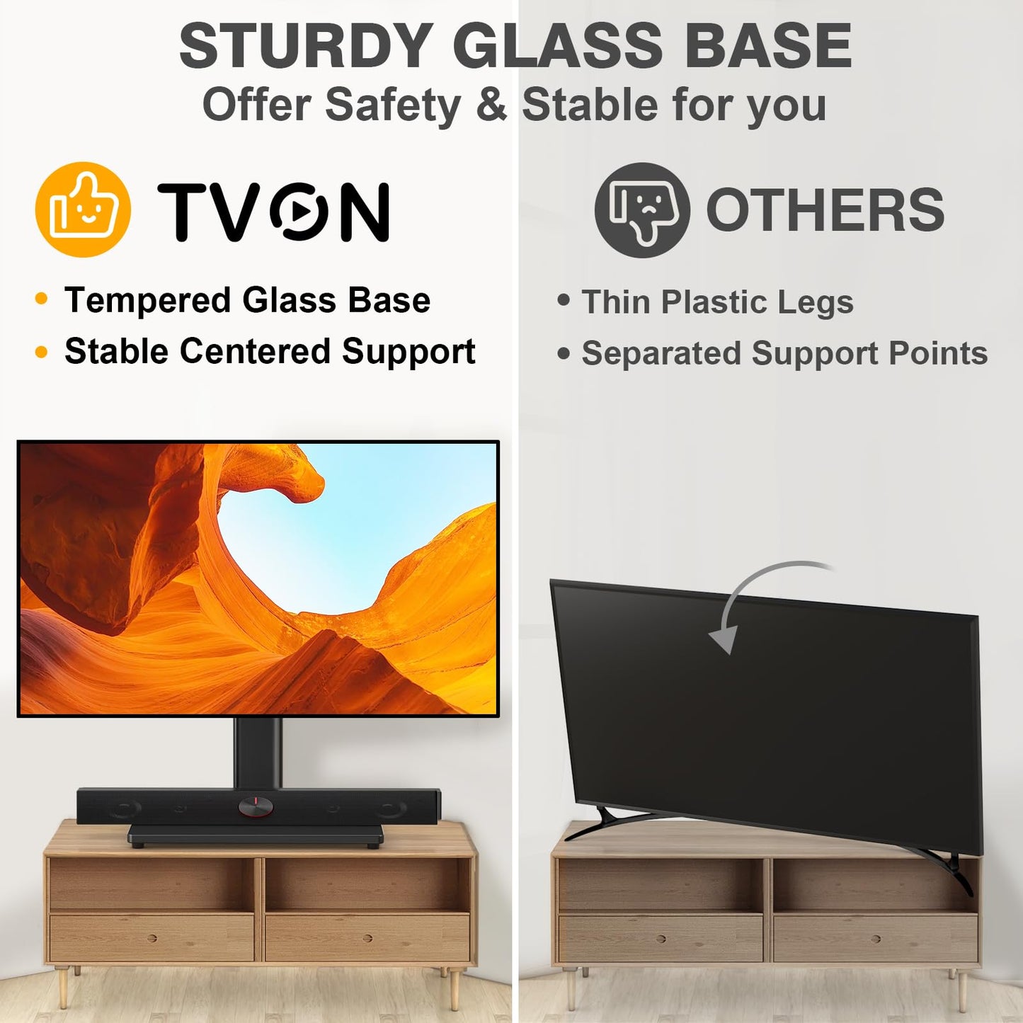 TVON Universal TV Stand Base, Swivel Table Top TV Stand for 20-43 inch TVs/Monitors with 4 Level Height Adjustment and Tempered Glass Base, Holds up to 88 Lbs, VESA 200x200mm