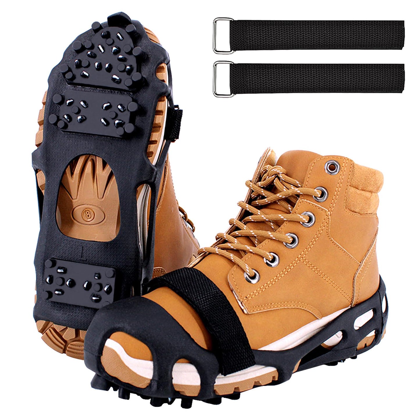 MOVOYEE Ice Cleats for Shoes and Boots Women Men, Crampons for Hiking Boots Climbing Fishing Running, Rubber Stainless Steel Studs Traction Anti Slip Grips Spikes for Shoes On Ice Snow Winter Walking