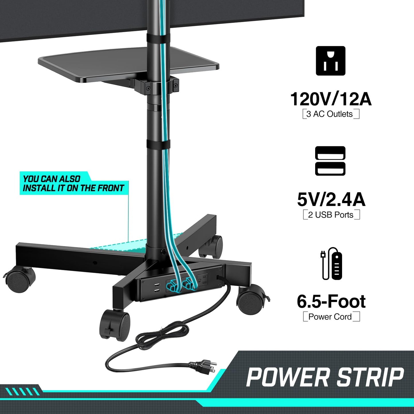 GREENSTELL TV Stand with Power Outlet, Mobile TV Cart on Wheels for 23-60 inch LED LCD Flat Curved Panel Screen TVs, up to 88 lbs, Height Adjustable Rolling TV Stand with AV Shelf, Max VESA 400x400mm