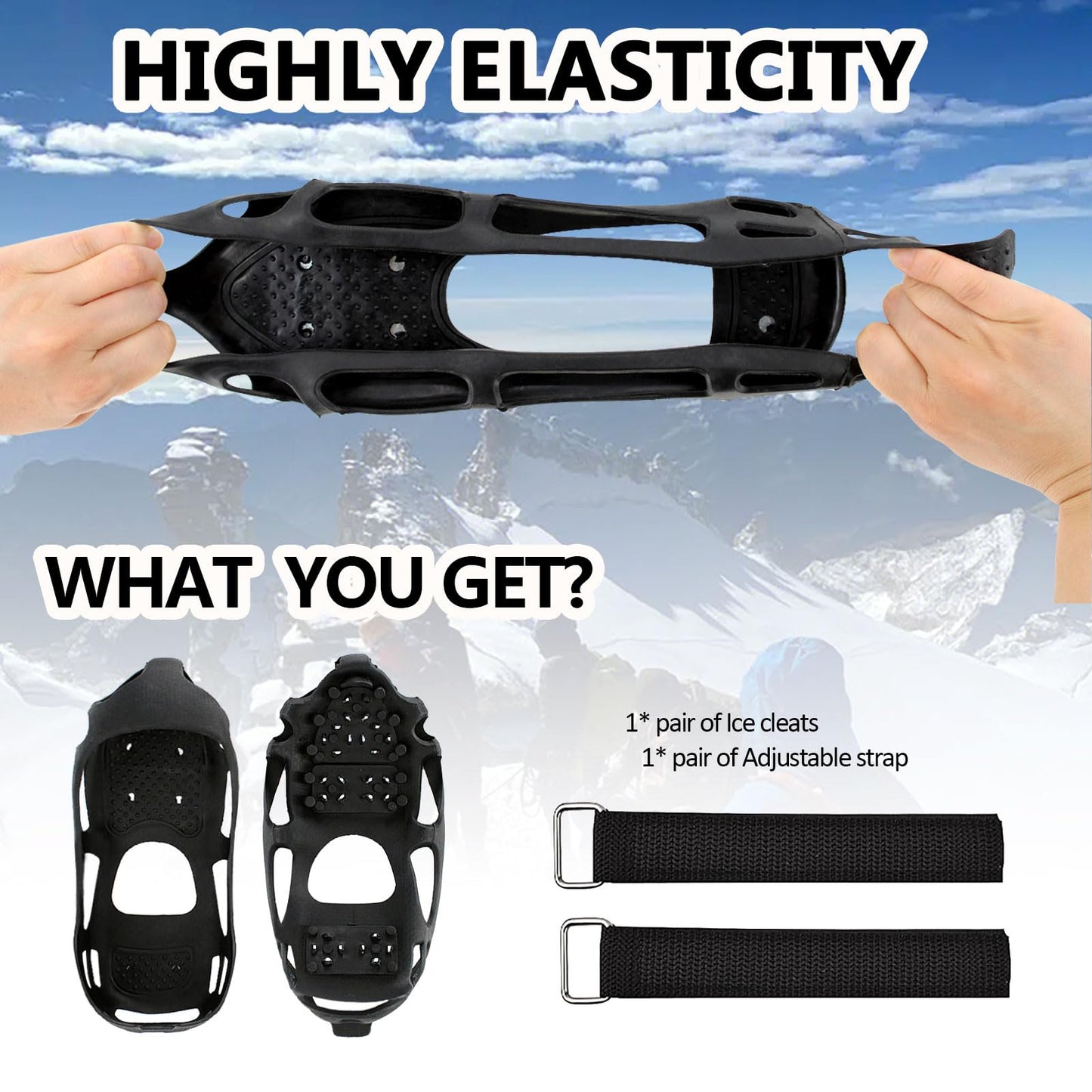 MOVOYEE Ice Cleats for Shoes and Boots Women Men, Crampons for Hiking Boots Climbing Fishing Running, Rubber Stainless Steel Studs Traction Anti Slip Grips Spikes for Shoes On Ice Snow Winter Walking