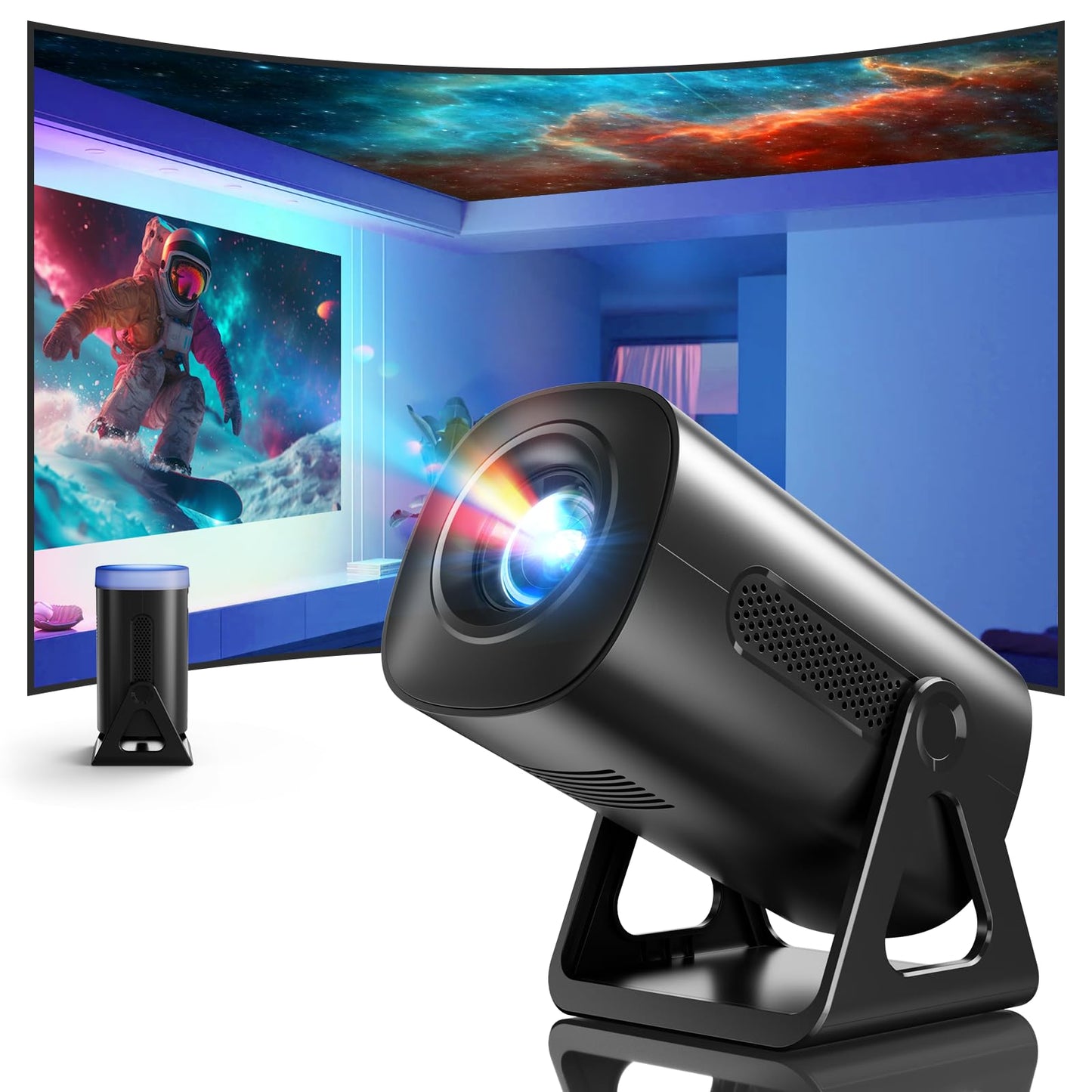CLOKOWE Mini Projector, 4K 1080P Support projector with wifi and bluetooth,270°Adjustable Stand Outdoor Home Theater galaxy Projector with Android TV OS & 8000+APPS for Phone/TV Stick/Laptop/HDMI