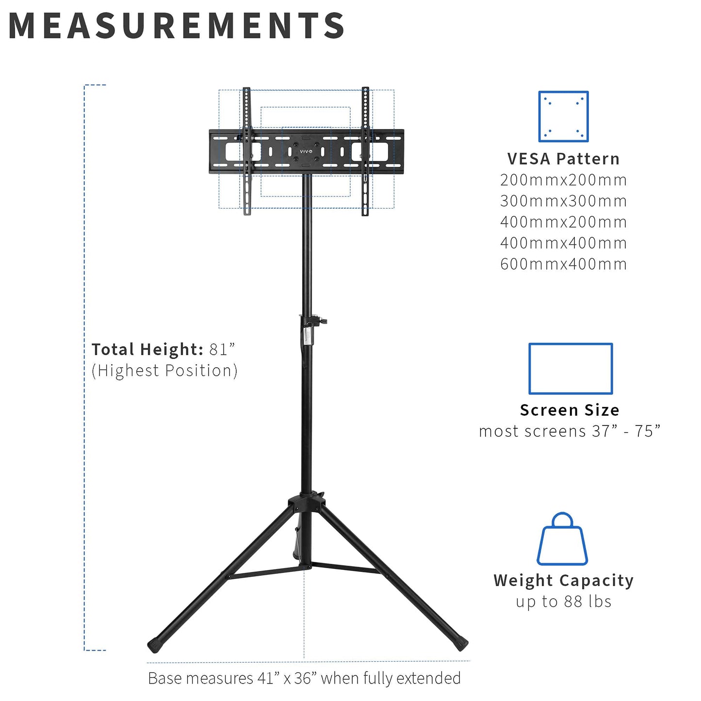 VIVO Tripod 32 to 55 inch LCD LED Flat Screen TV Display Floor Stand, Portable Height Adjustable Mount, Black, STAND-TV55T
