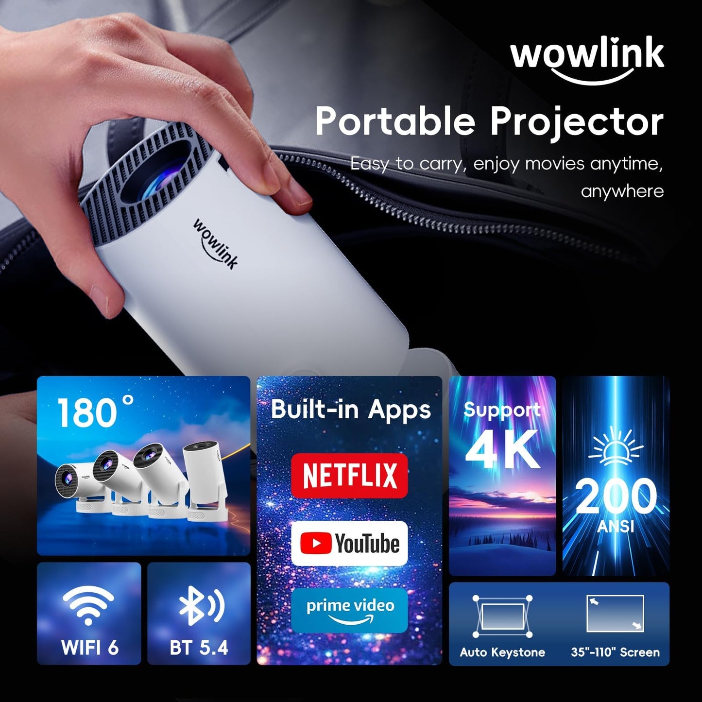 [Built-in Apps & 2025 Upgraded] Mini Projector with WiFi 6 and Bluetooth 5.4 Support 4K 1080P Auto Keystone 180° Rotatable Projector Portable Compatibile with HDMI/TV Stick/Memory Stick/Laptop, White