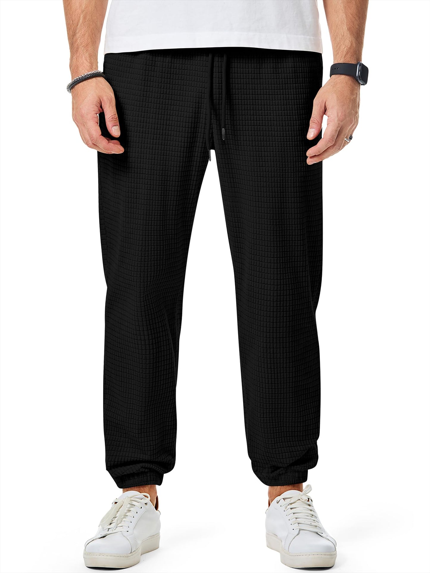 JMIERR Sweatpants for Men Casual Waffle Pants Drawstring Stretch Elastic Waist Winter Textured Tapered Joggers with Pockets, 2XL, Black
