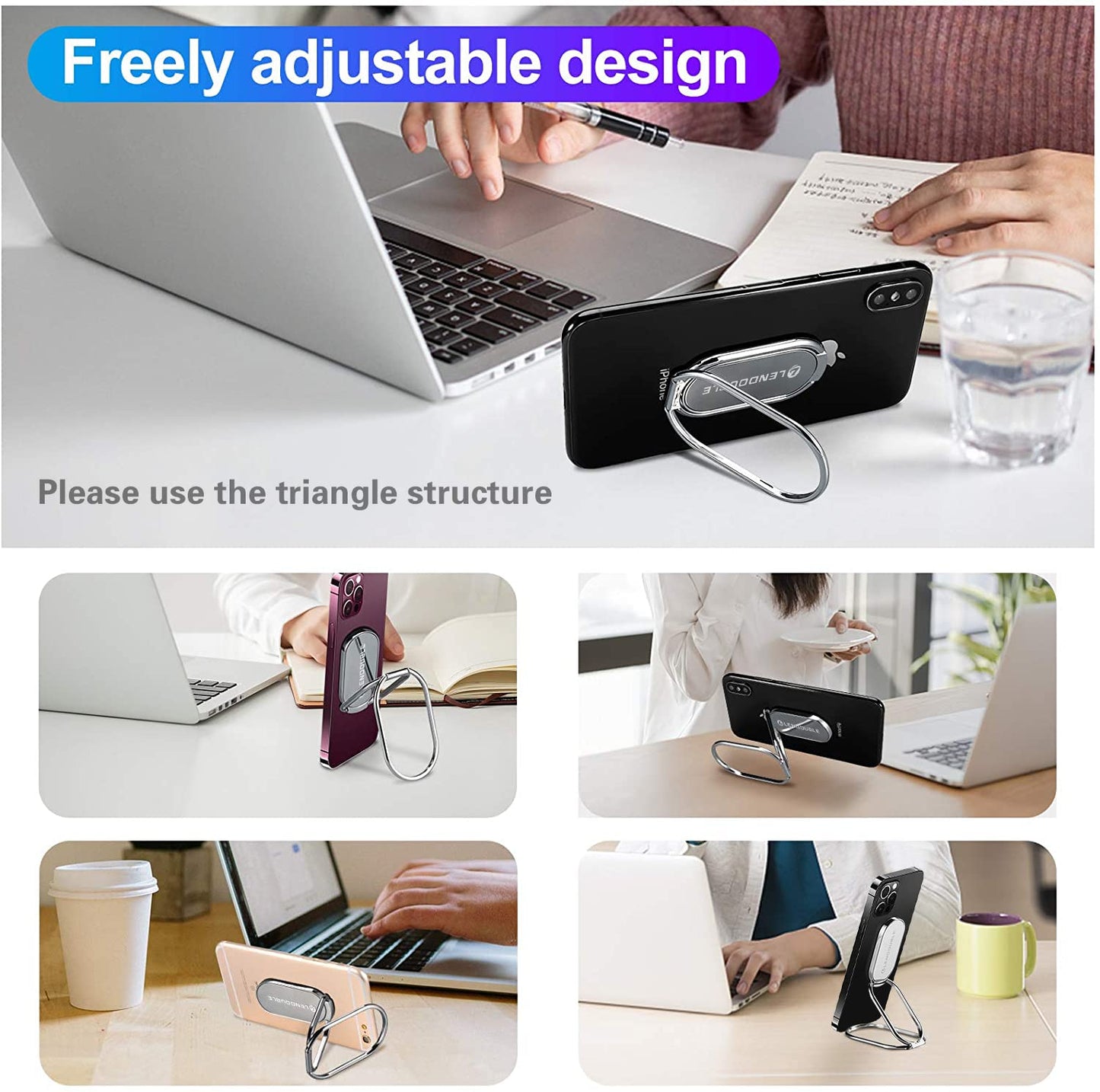 Foldable Cell Phone Stand for Desk, Adjustable Cellphone Ring Holder Finger Kickstand for Office Desktop & Magnetic Car Mount, Rotatable Multi-Angle Hand Grip for iPhone 16 15 Smartphones Back Case