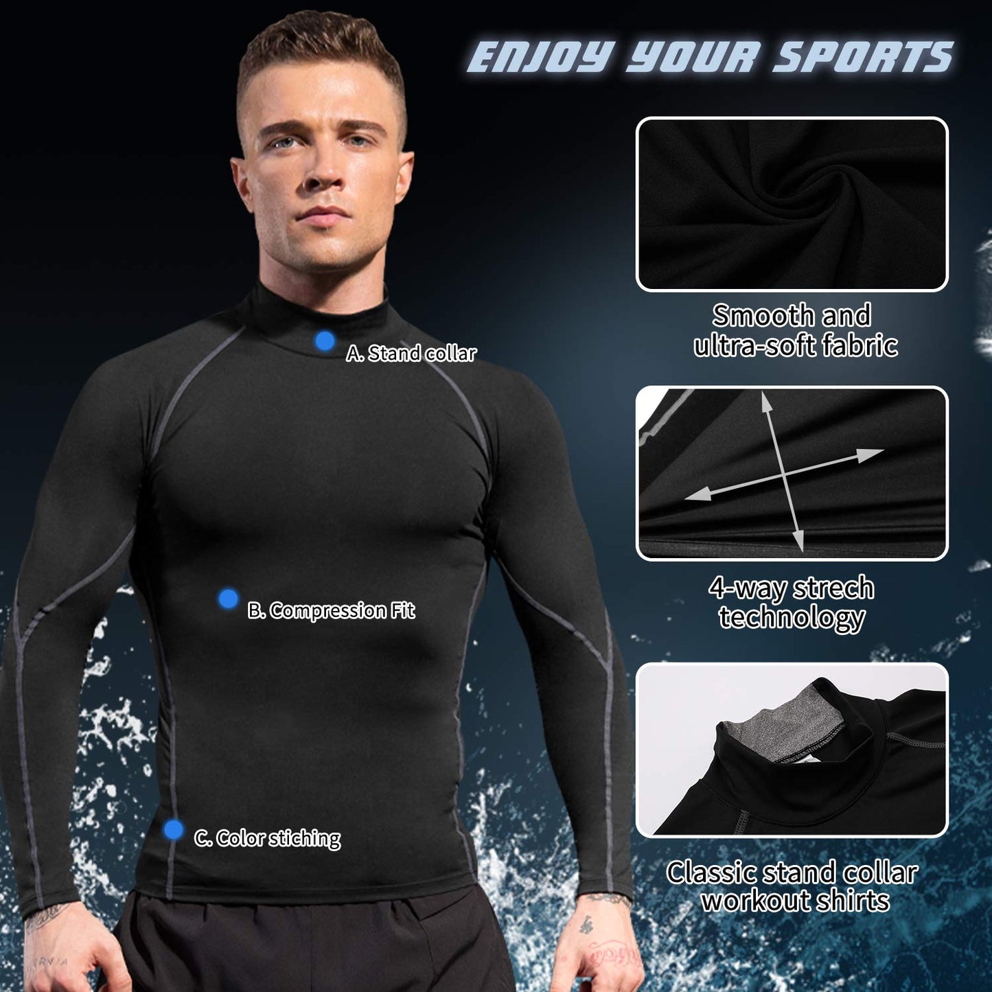 CARGFM Men's Mock Compression Shirt UPF 50+ Long Sleeve Turtleneck Undershirts Baselayer Athletic Running T-Shirts Top