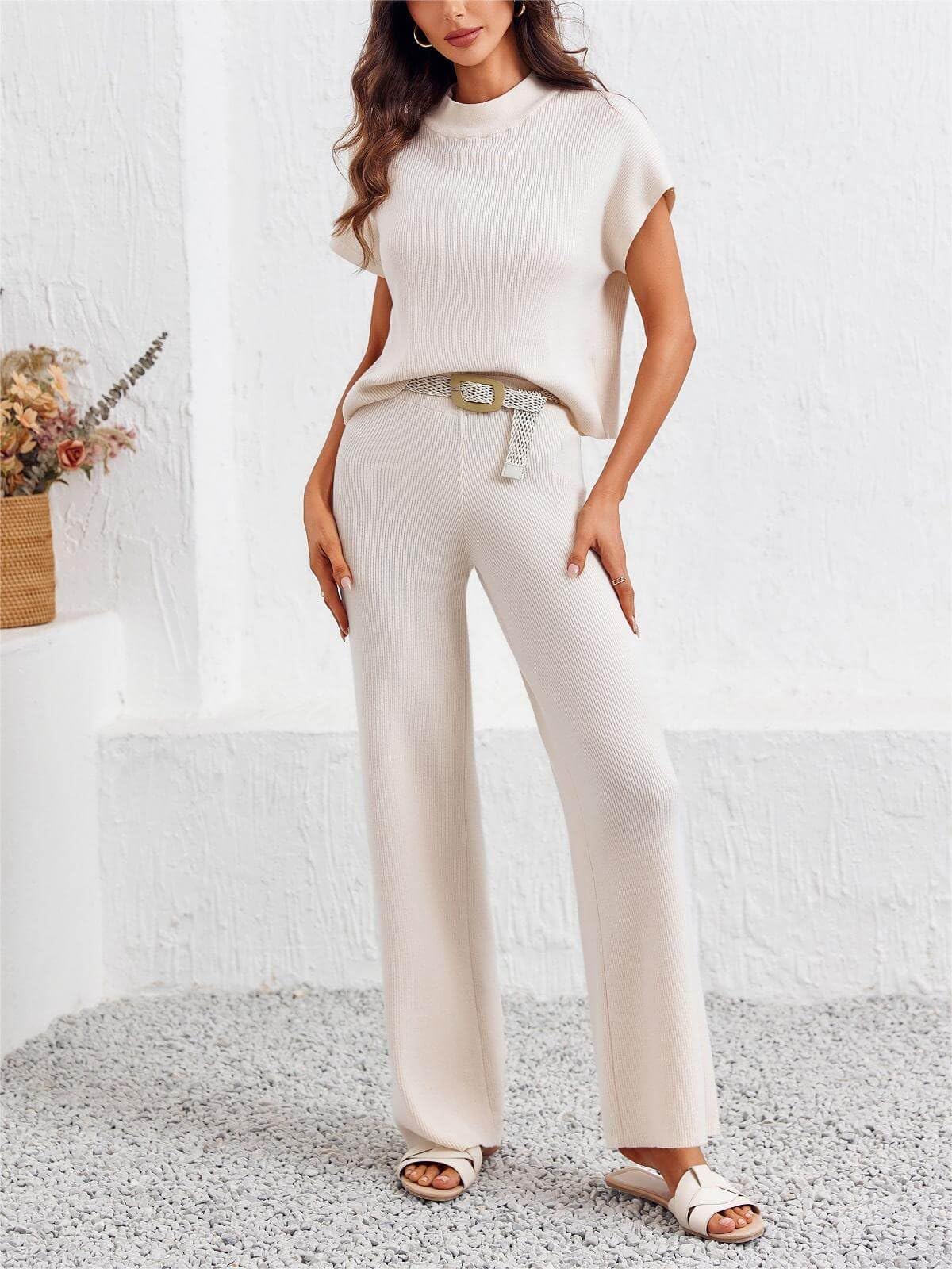 Imily Bela Women's 2 Piece Outfits Sweater Knit Sets Mock Neck Short Sleeve Tops Wide Leg Pants Casual Tracksuit