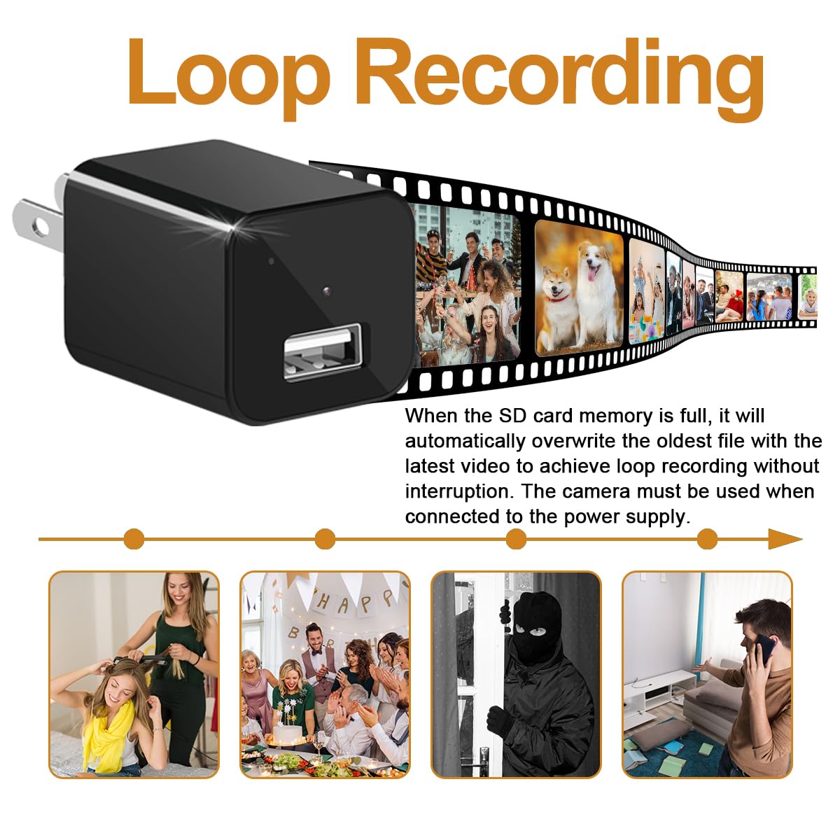 2025 New Hidden Camera Detector with Charger, 1080P Security Portable Camera, Mini Nanny Cam with Loop Working for Indoor/Ourdoor Surveillance, No Audio, No WiFi, up to 64GB SD Card (Not Included)