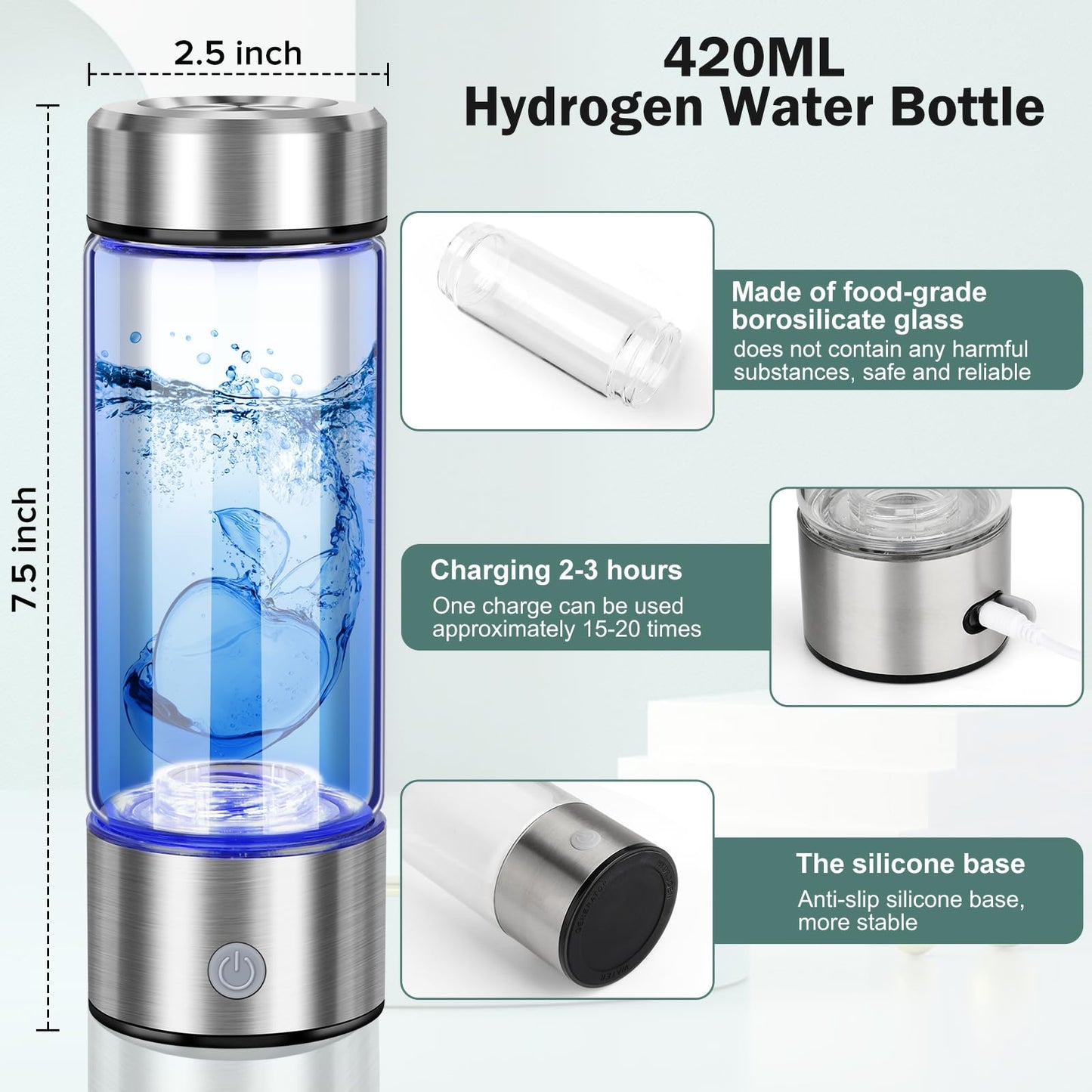 2025 Upgrade Hydrogen Water Bottle, 3 Min 1800PPB Fast Hydrogen Water Generator with SPE PEM Tech, 14oz Portable Hydro Water Machine, Rechargeable Hydrogen Rich Glass for Home Office Travel & Fitness