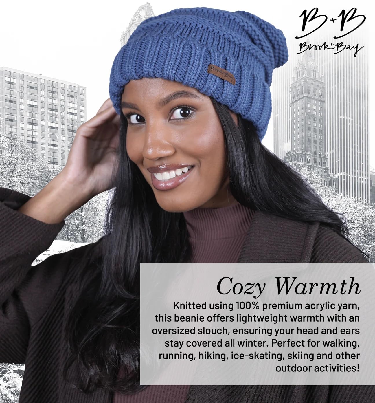 Tough Headwear Brook + Bay Slouchy Beanie, Women's Winter Hats for Cold Weather, Oversized Knitted Hats Denim Blue