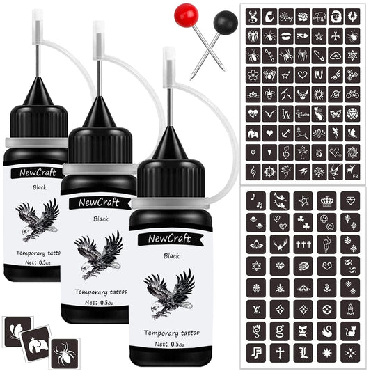 3 Packs Black Temporary Tattoo Ink and Stencils for Adults Teens Kids, Temporary Tattoo Kit Skin Friendly