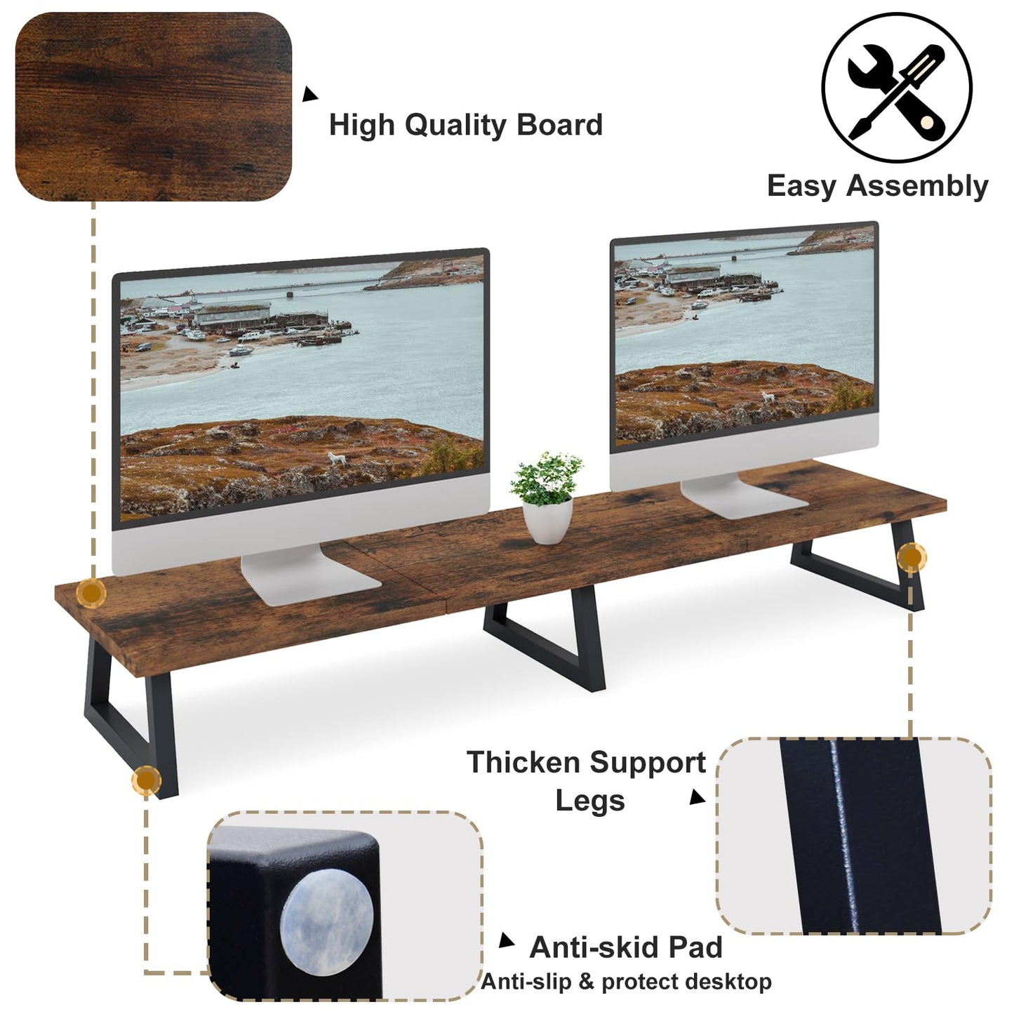 TEAMIX 42 inch Large [Dual] [Monitor] [Riser],Rustic Brown Extra Long TV [Stand Wood & Steel Desktop [Riser] with Storage for [Dual] Screen Office Desk Organization