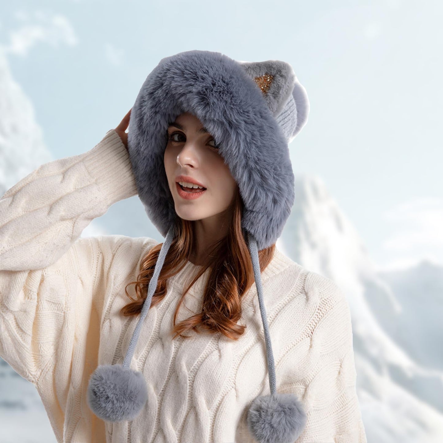 Fluffy Cat Ear Beanie Hats for Women Pompom Knit Skull Cap Winter Outdoor Warm Fleece Lined Earflaps Snow Hat