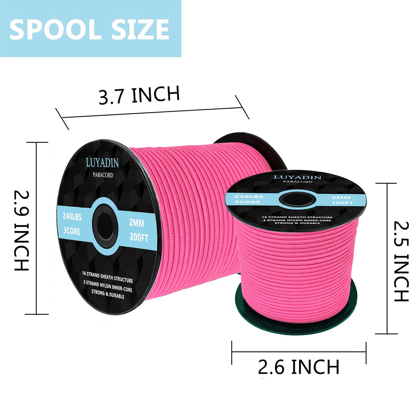 LUYADIN Paracord 240lb - Diameter 2mm Micro Utility Cord -3 Strand Parachute Spool Cord - 100ft 200ft,Paracord for Camping,Hiking,Fishing,Outdoor and DIY