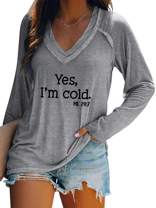 Womens Yes I'm Cold Sweatshirt V Neck Long Sleeve Shirts Casual Loose Graphic Sweatshirts Grey L