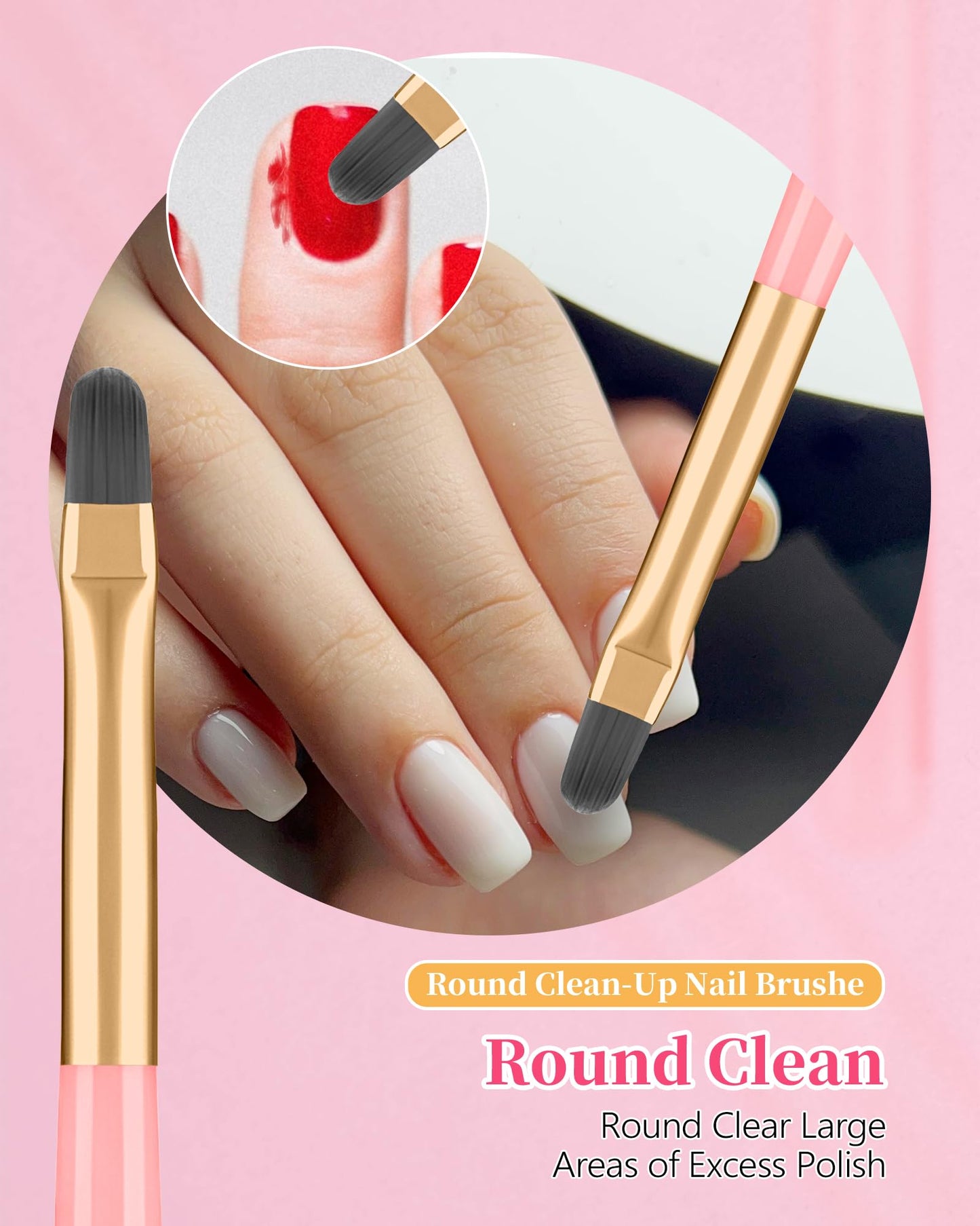3PCS Nail Polish Clean Up Brush, Round&Falt&Angled Acetone Resistant Nail Brush for OPI Nail Polish Remover, Fingernail Cleaning Brushes at Home Nail Art and Designs(Emerald Pink)
