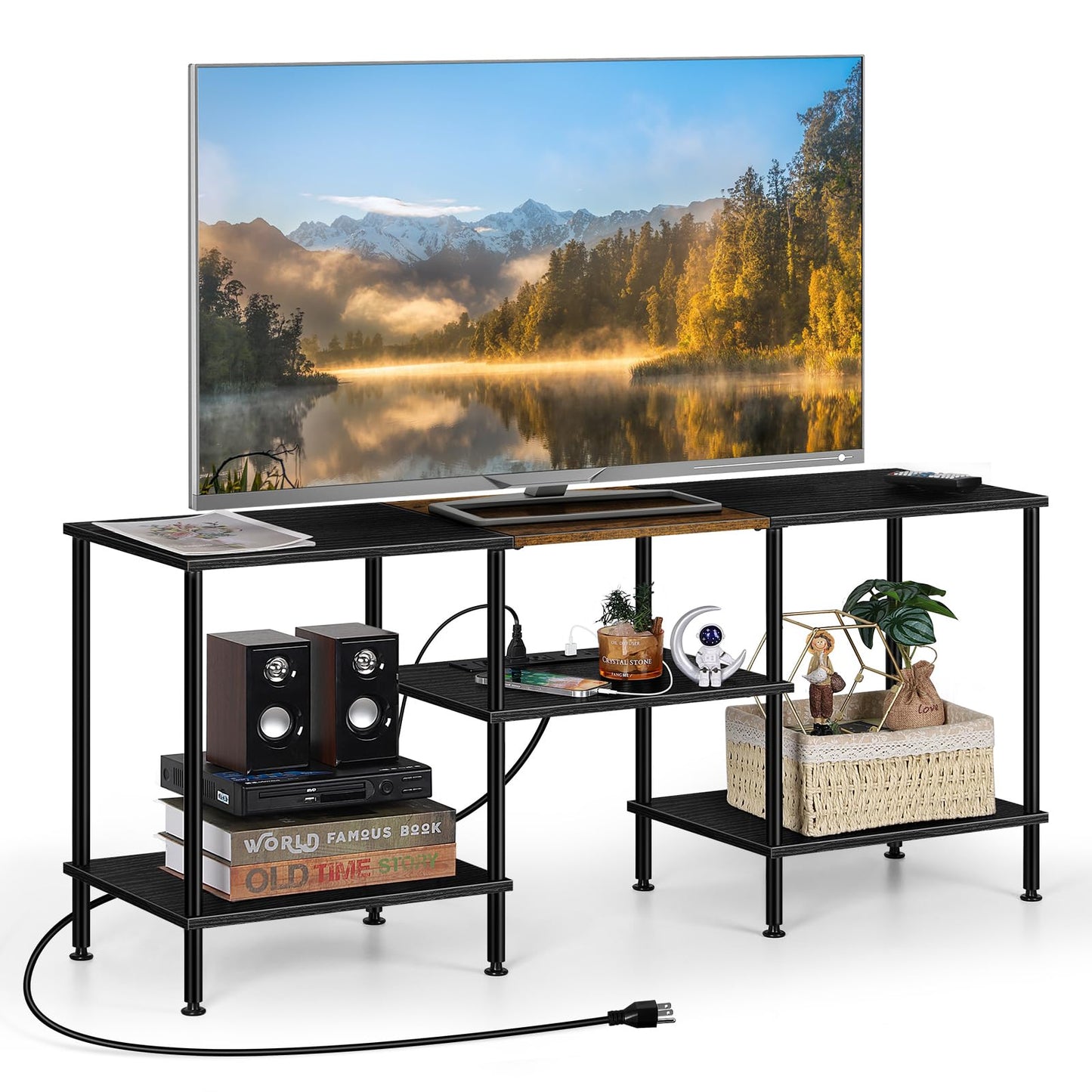 OYEAL Black Bedroom TV Stand with Power Outlets up to 50 inch TV, Small Entertainment Center Stand with Storage Modern Media TV Console Table for Living Room Bedroom