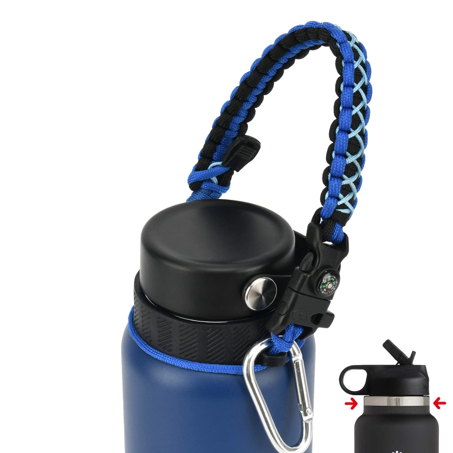 QeeCord 2.0 Paracord Handle for Hydroflask 2.0 Wide & Standard Mouth Water Bottles Strap Carrier with New Safety Ring Holder, 12oz - 64oz (32 oz-40 oz Wide Mouth, Blue/Compass+Whistle+Fire Starter)