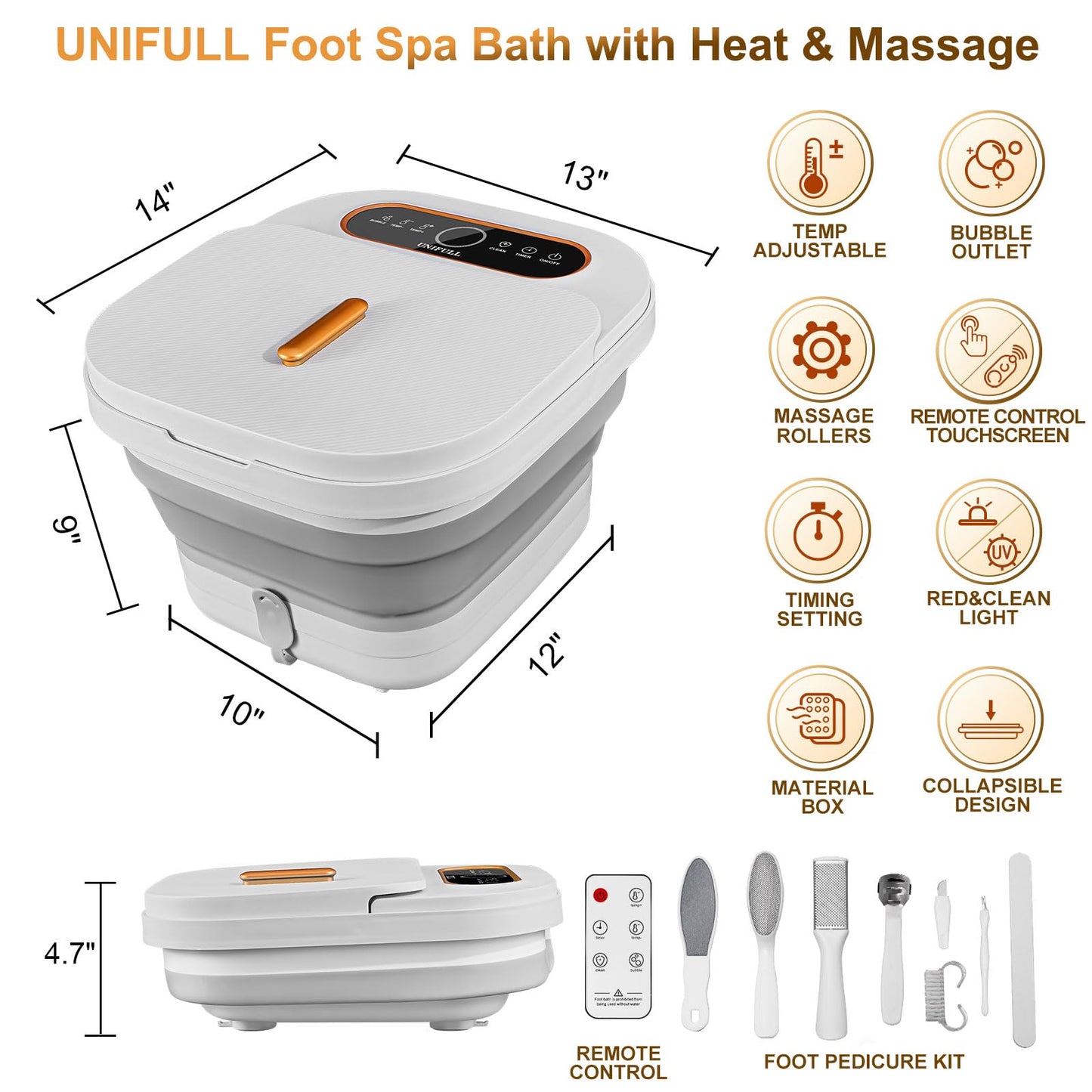 UNIFULL Collapsible Foot Spa Bath with Heat, Touch Screen, Remote Control, Massage Rollers, Timer, Bubble, Foot Pedicure Kit, Temperature Control Pedicure Foot Spa, Foot Bath