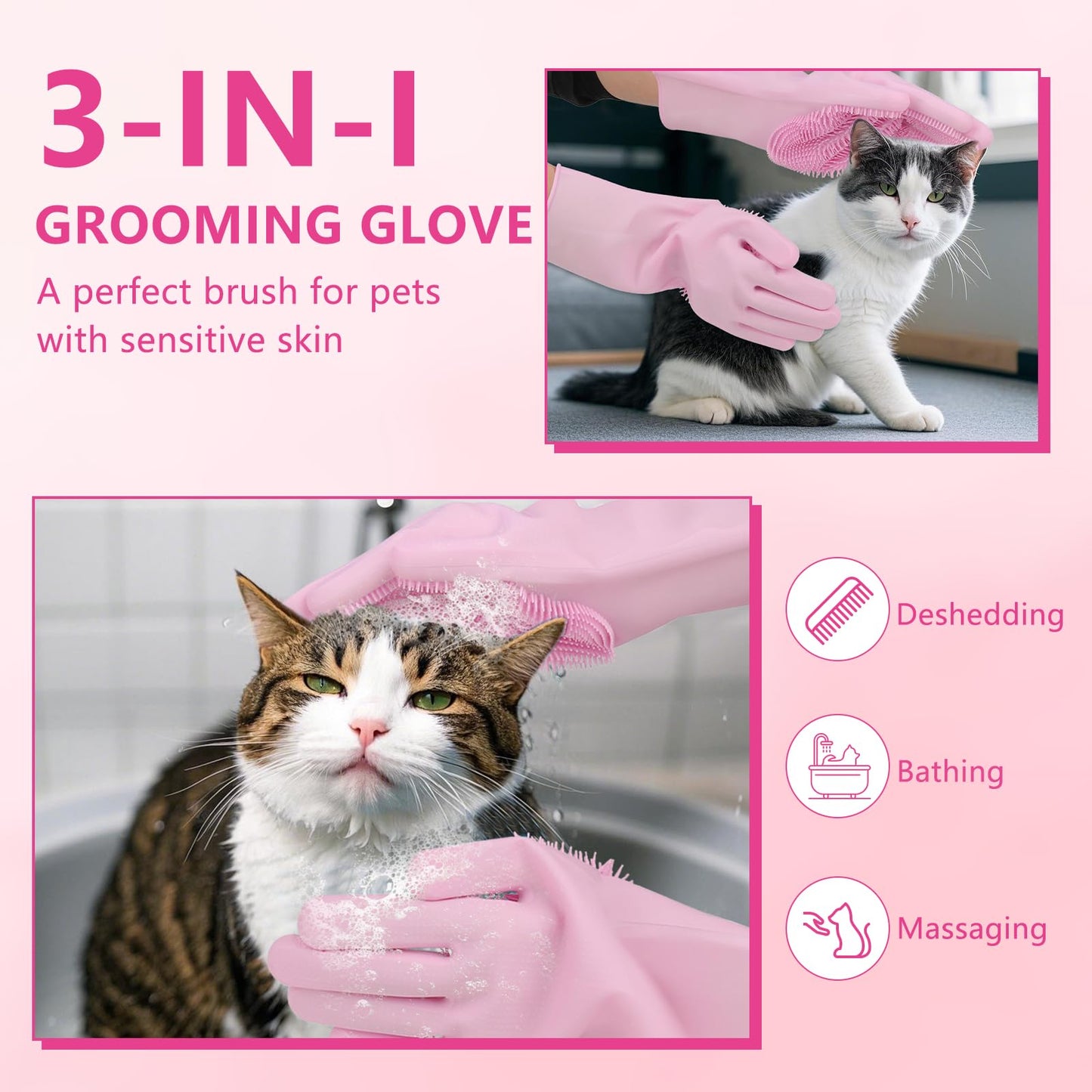WJWJA- Pet Grooming Gloves Pet Grooming, Enhanced 5-Finger Design for Bathing and Massaging, Shedding and De-Shedding Tools for Dogs and Cats（pink）