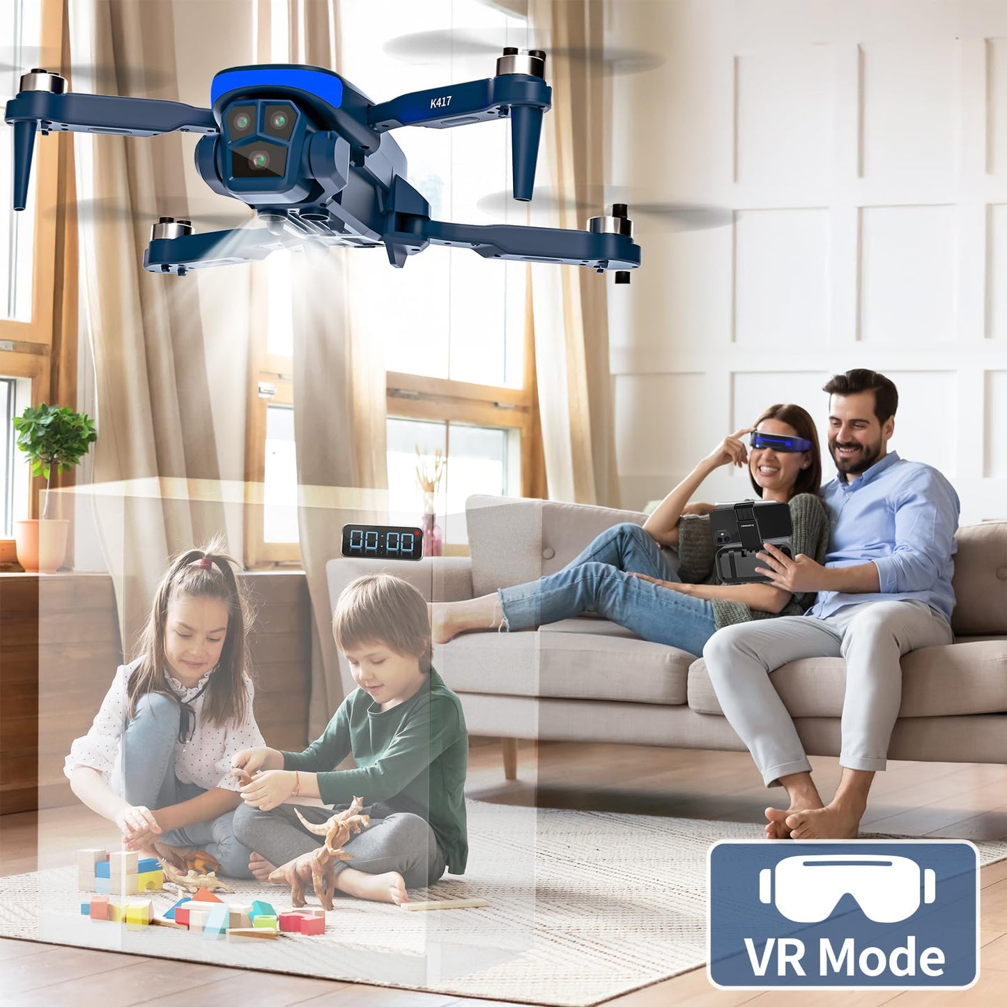 K417 Drone with 2 Cameras 1080P HD 90°Electric Adjustable FPV Drone Transmission,Blue LED Light Foldable Lightweight Remote Control Optical Flow Positioning Altitude Hold 3D Flip,for Adults Beginner