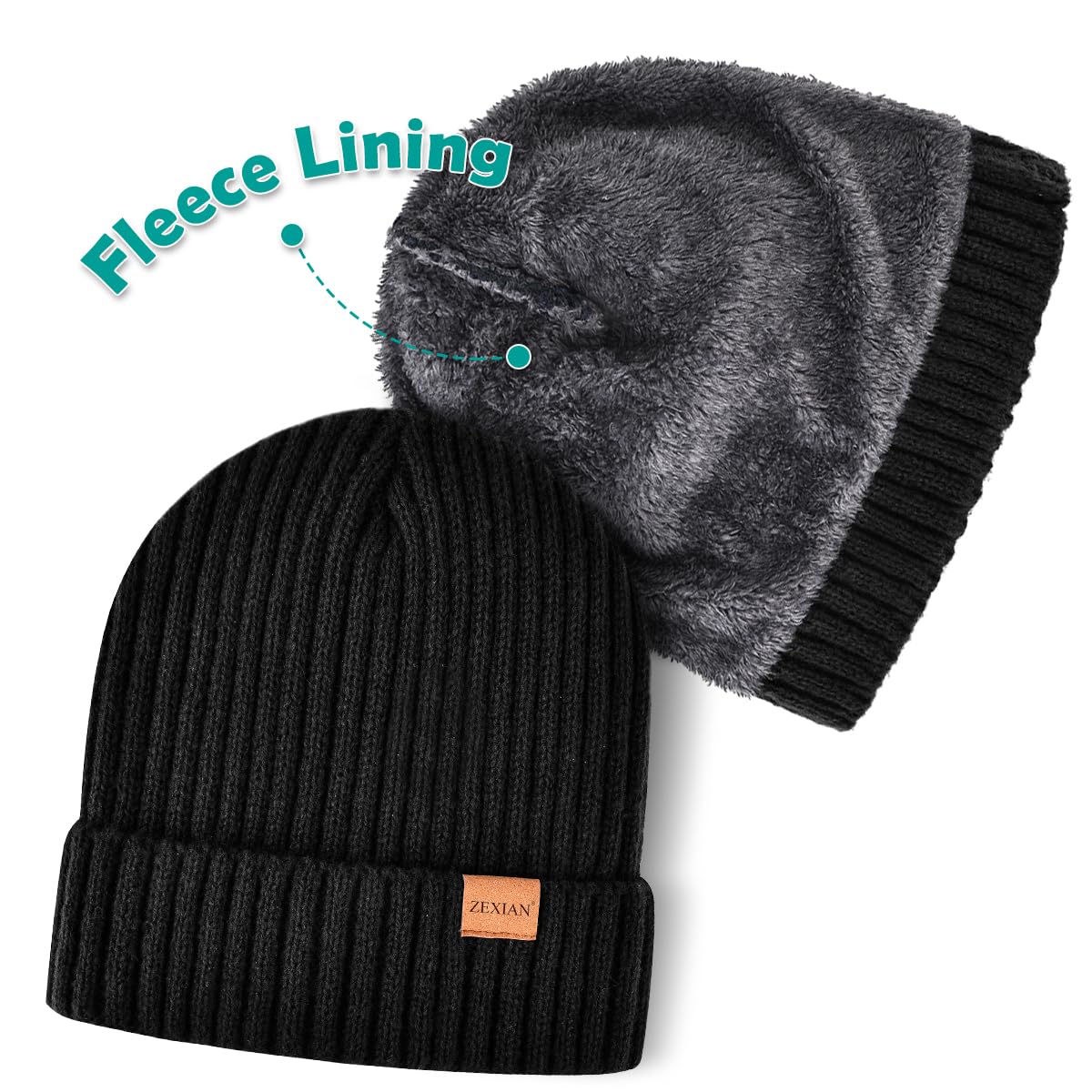 ZEXIAN Womens&Mens Winter Warm Skull Beanie Hat and Touchscreen Gloves with Knit Fleece Lined for Cold Weather（Black）