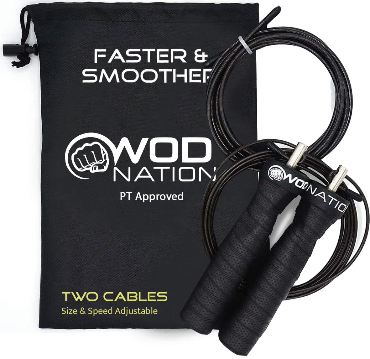 WOD Nation Attack Speed Jump Rope : Adjustable Jumping Ropes : Unique Two Cable Skipping Workout System : One Thick and One Light 11 Foot Cable : Perfect for Double Unders forHiit : Fits Men and Women