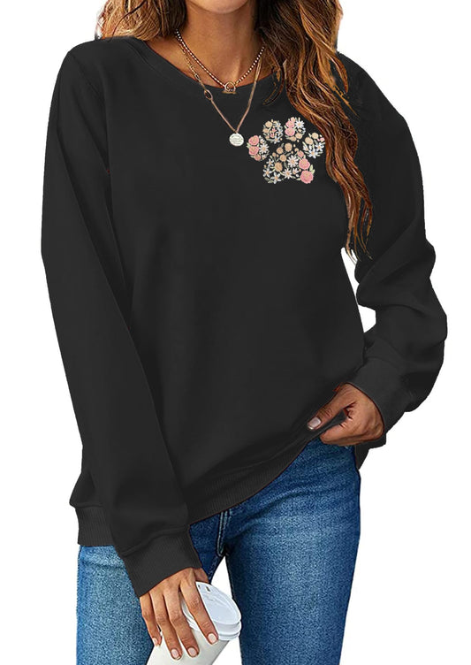 HQP Dog Mom Sweatshirts for Women Floral Paw Print Embroidered Sweatshirt Gift for Dog Mom Pullover Tops Black