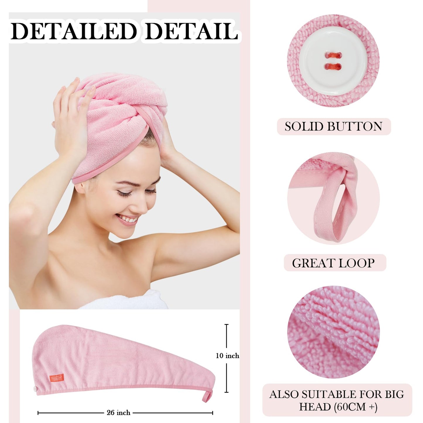 YoulerTex Microfiber Hair Towel Hair Wrap: 2 Pack 10X26 Hair Dryer Towels for Women Absorbent Turban Twist Drying Shower Cap Curly Hair Products for Hair Care Hair Accessories (07 Pink)