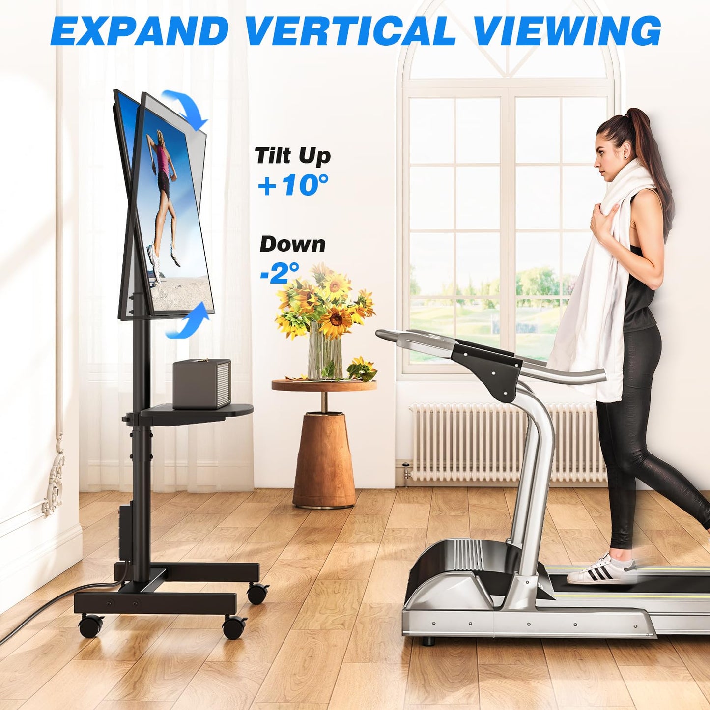 Rfiver Rolling TV Stand with Power Outlet for 13-50 Inch TVs, Tilting and Rotating Mobile TV Cart up to 55 lbs, Portrait to Landscap, Height Adjustable TV Floor Stand with Shelf, Max VESA 200x200mm