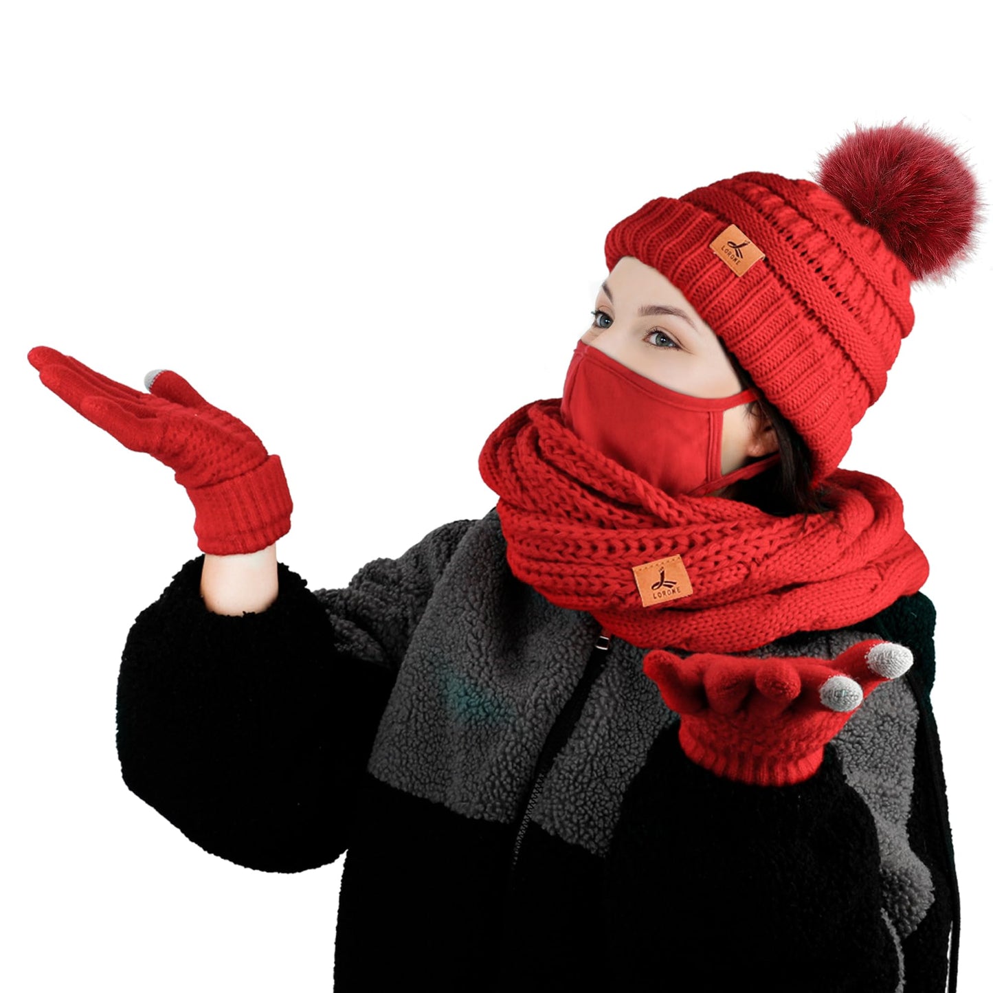 Winter Hat Scarf Gloves and Face Mask, Warm Knit Beanie Pompom Hat Touchscreen Gloves Set Gifts Circle Scarves for Women…