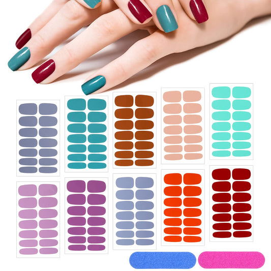 140 Pcs 10 Sheets Solid Color Full Wrap Nail Stickers Polish Strips Gradient Stickers Glitter Self Adhesive DIY Art Decals Strips with 2 Pcs Nail Files for Holiday Decor (Pure Color Style)