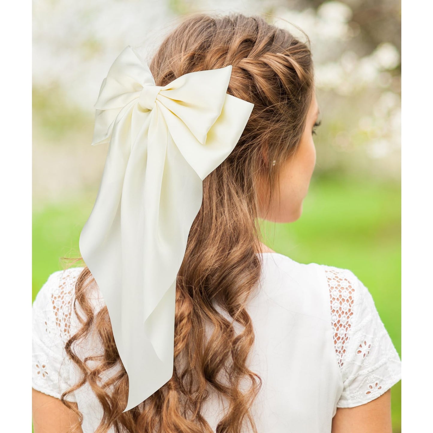 Velscrun Hair Accessories: 3Pcs Silky Satin Oversized Hair Bows and Barrettes in White, Black, and Dark Blue - Large Ribbons with Long Tails for Women and Girls