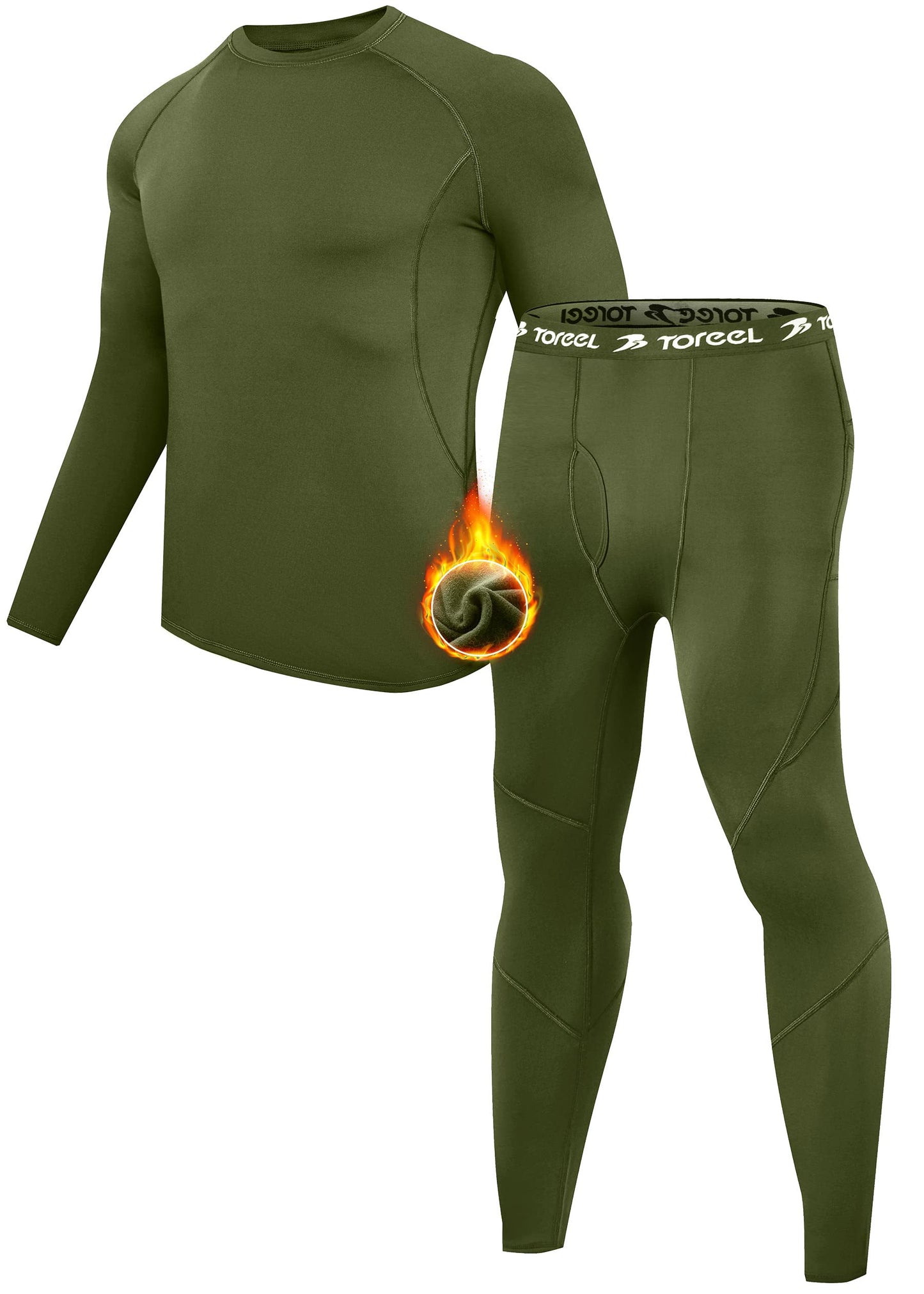TOREEL Long Johns for Men Thermal Underwear for Men Fleece Lined Hunting Gear Mens Thermals Top and Bottom Set Dark Green