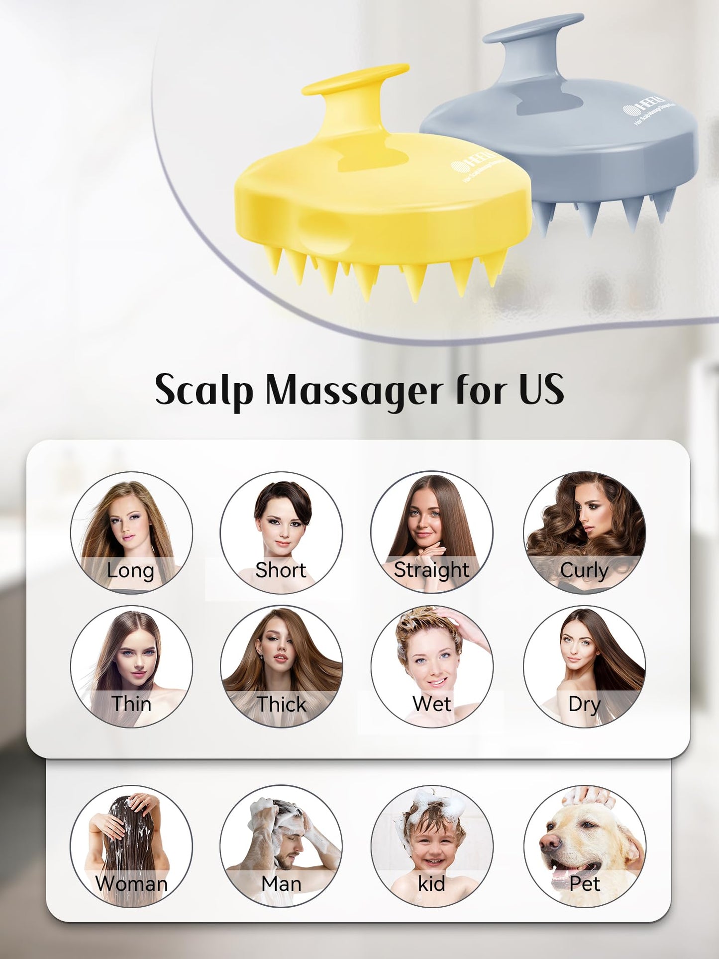 HEETA Hair Scalp Massager Shampoo Brush 2 Pack, Soft Silicone Bristles to Remove Dandruff, Waterproof Hair Scrubber for Both Wet Dry Hair, Suitable for Men & Women (Yellow & Gray)