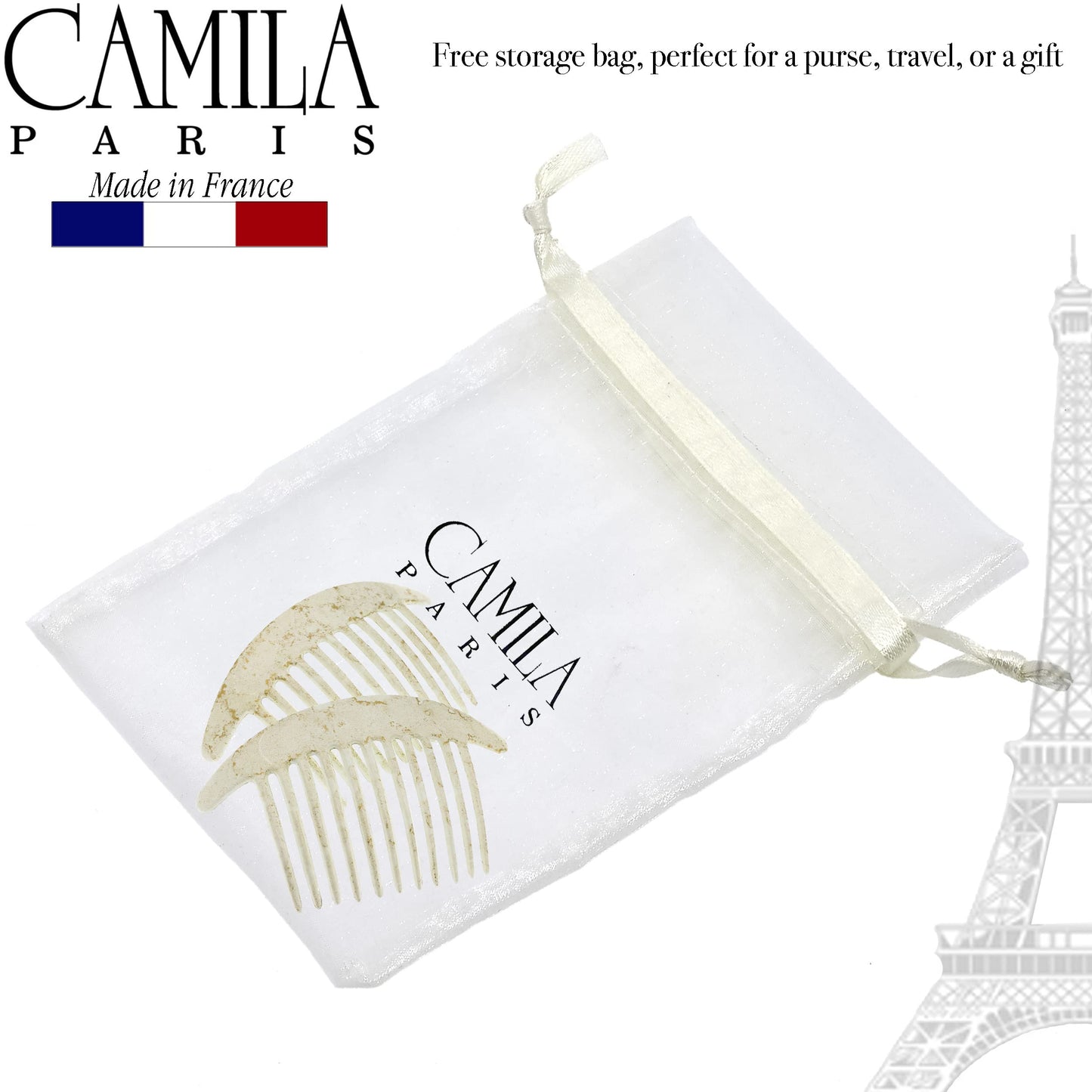 Camila Paris CP2940 French Hair Side Combs, White Pearl Interlocking Combs French Twist Hair Combs, Strong Hold Hair Clips for Women Bun Chignon Up-Do, Styling Girls Hair Accessories, Made in France