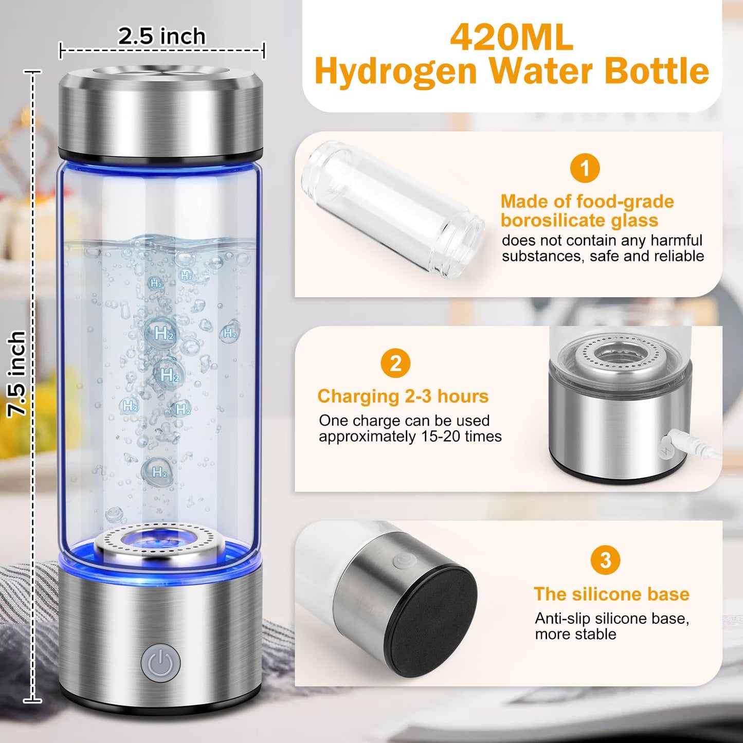 2025 Upgrade Hydrogen Water Bottle, Hydrogen Water Generator with Advanced SPE PEM Technology, 420ml(14OZ) Hydro Water Machine, Portable Water Ionizer for Office, Travel, Fitness & Everyday Hydration