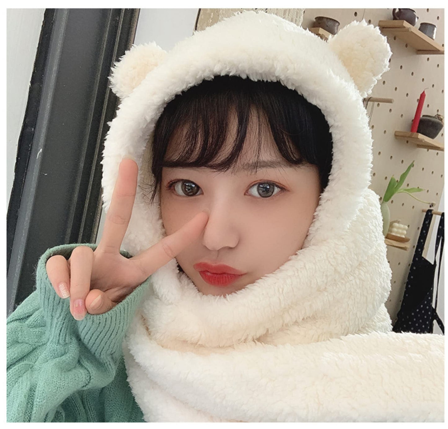 Women Kawaii Bear Ear Beanie Hat Scarf 2 in 1 - Cute Winter Warm Sherpa Thicken Fleece Fuzzy Japanese Fluffy Knit Hat Cap (White)